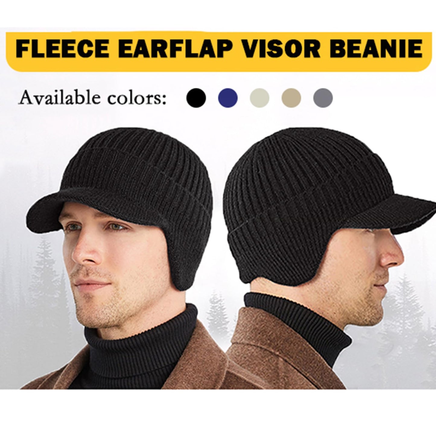Epsoco Winter Hats for Men with Ear Flaps Thick Knit Fleece Lined Fishing Beanie Hat with Visor Brim Outdoor Warmer Hunting Baseball Caps Beige