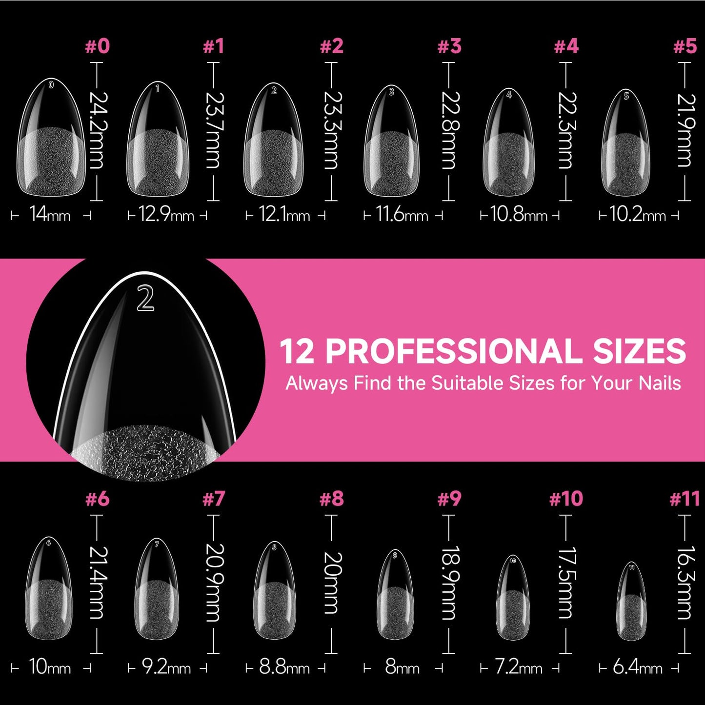 UNA GELLA Almond Nail Tips, 312pcs Medium Pointed Almond Fake Nails Tips Pre-shape Half Matte Full Cover Clear Acrylic Press On Nails No C Curve For Nail Extension Nail Art DIY Salon 12 Sizes