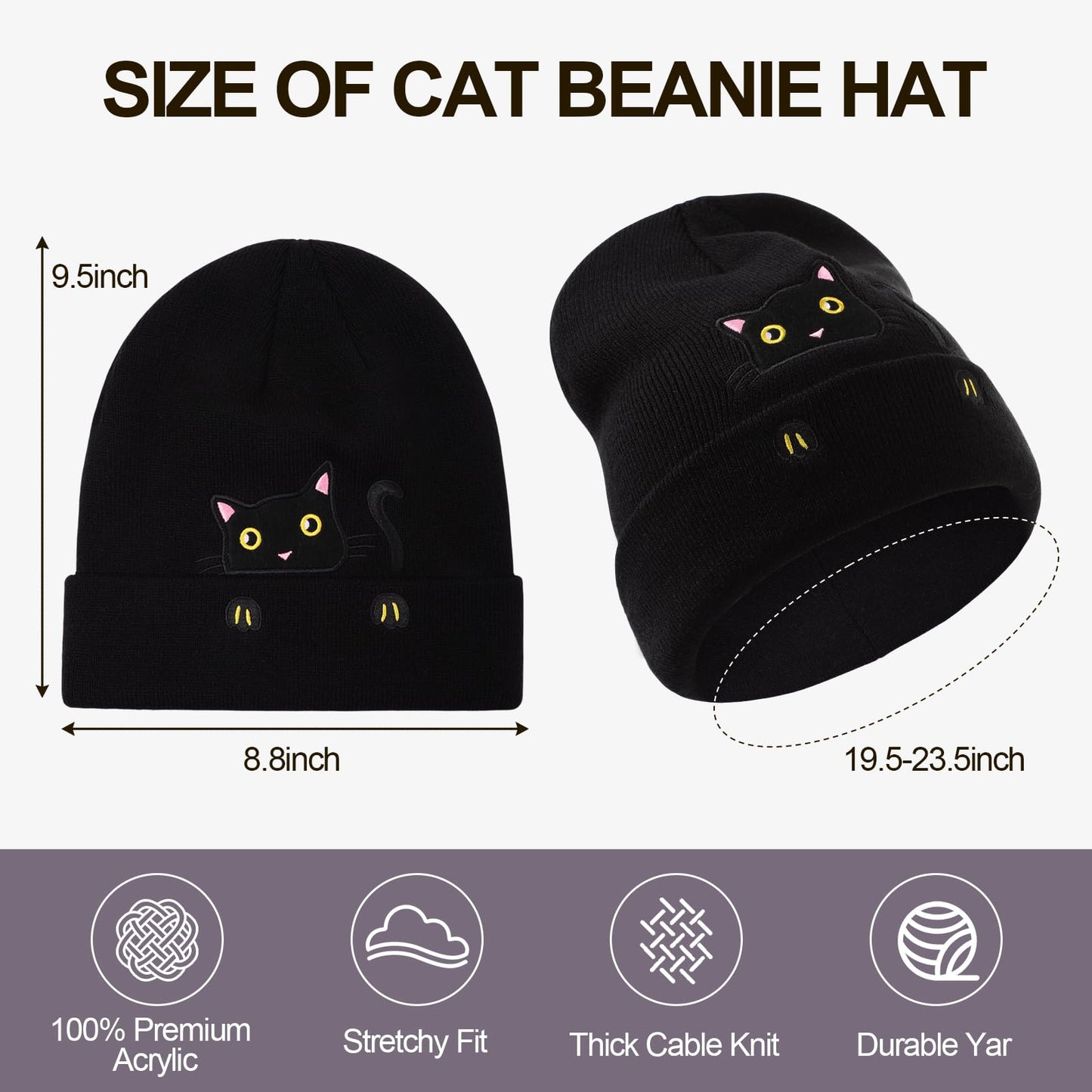 Women's Cat Beanie Hats and Funny Socks Set Cute Cat Lover Gifts Kitty Knitted Hat Winter Skiing Slouchy Warm Cap for Girls Black