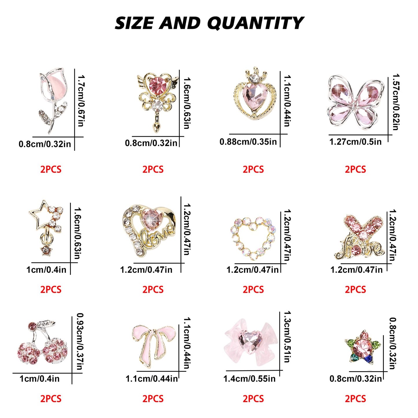 CUBLIVE 24PCS Nail Charms Y2k Alloy Nail Art Rhinestone Charms 3D Heart Star Bow with Rhinestones Cherry Nail Gems Shiny Jewelry Nail Decorations Accessories Supplies (AD24)