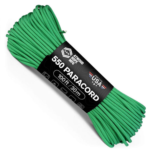 Atwood Rope MFG 550 Paracord 100 Feet 7-Strand Core Nylon Parachute Cord Outside Survival Gear Made in USA | Lanyards, Bracelets, Handle Wraps, Keychain (Green)
