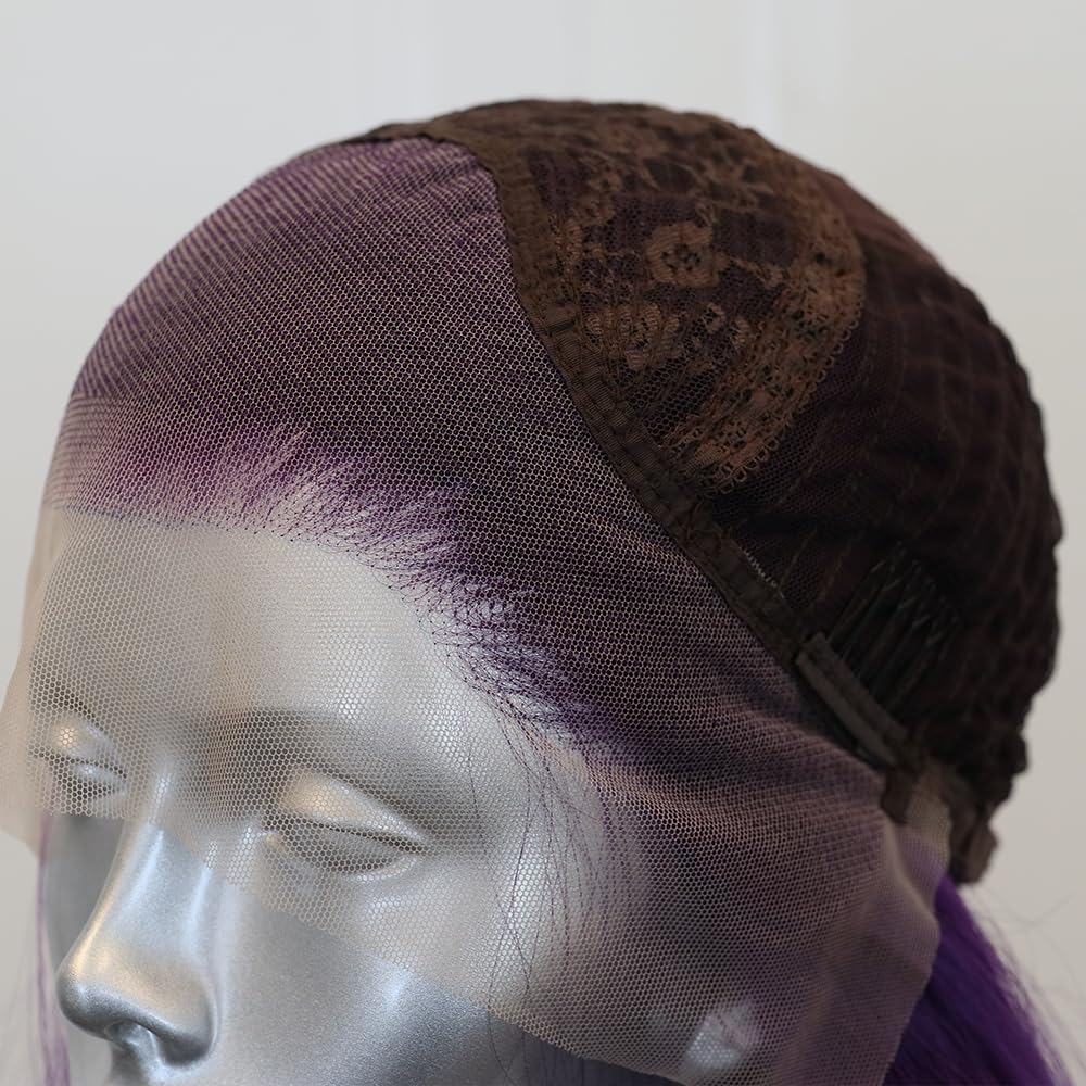 ELESTY Long Wavy Purple Synthetic Lace Front Wigs for Women Free Part Dark Purple Glueless Wig 24 inch Natural Curly Synthetic Wig Heat Resistant Fiber Hair Wigs for Daily Party Use