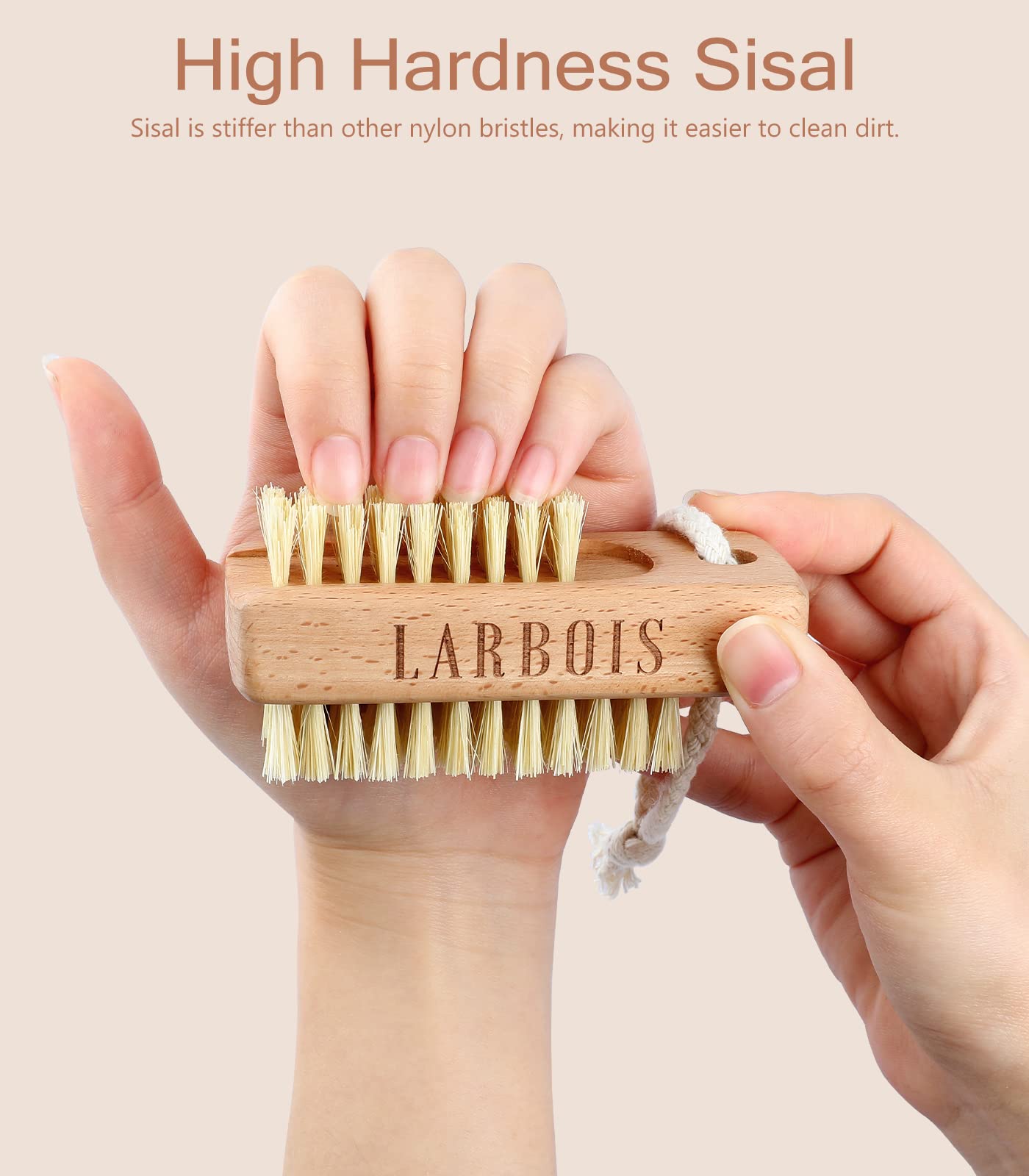 Larbois Nail Brush for Cleaning Fingernails, 2Pack Wooden Nail Brushes Fingernail Brush for Cleaning Nail Scrub Brush Two-Sided with Hanging Rope (Beechwood)
