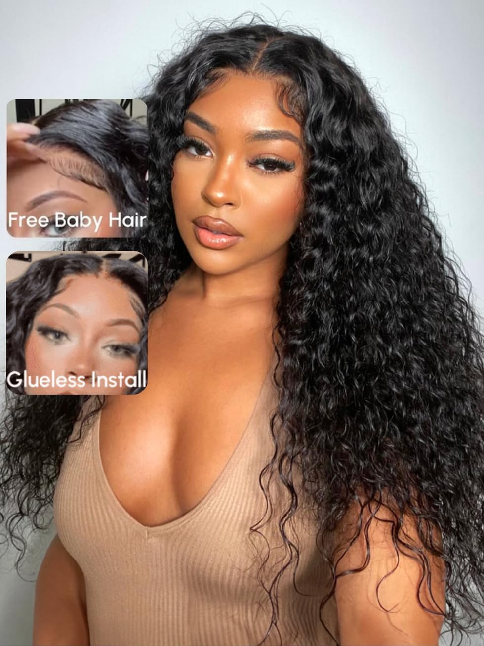 UNICE Bye Bye Knots Wig Water Wave 7X5 Lace Front Wigs Human Hair with Elastic Drawstring Glueless Human Hair Wig Pre Plucked Pre Cut Bleached Knots 180% Density 16 inch