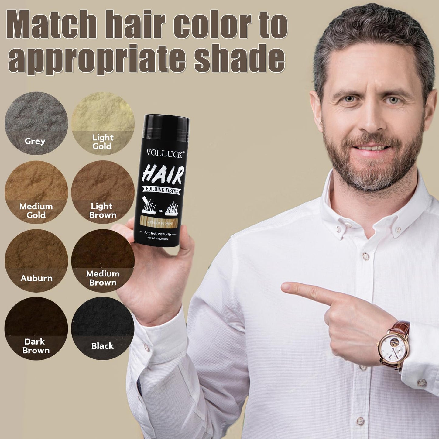 VOLLUCK Hair Fibers for Thinning Hair, Instant Coverage Hair Building Fibers for Women and men, Natural Hair Powder for Conceal Hair Loss 28 g (Medium Blonde)