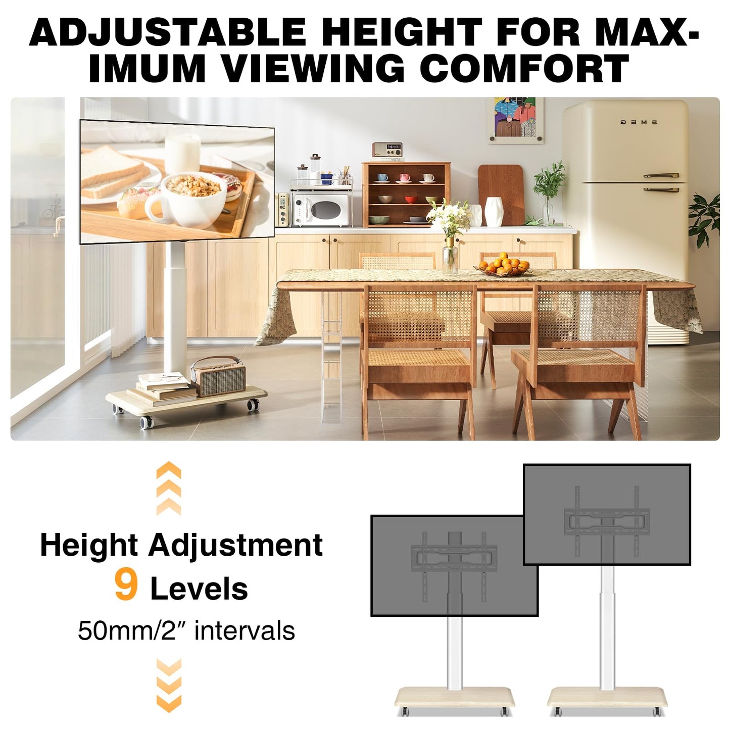 TVON Rolling TV Stand for 32 to 65 70 Inch TVs, Elegant Floor TV Stand with Wheels, Mobile TV Cart with 9 Levels of Height Adjustment for Optimal Viewing, White Floor Stand for Living Room