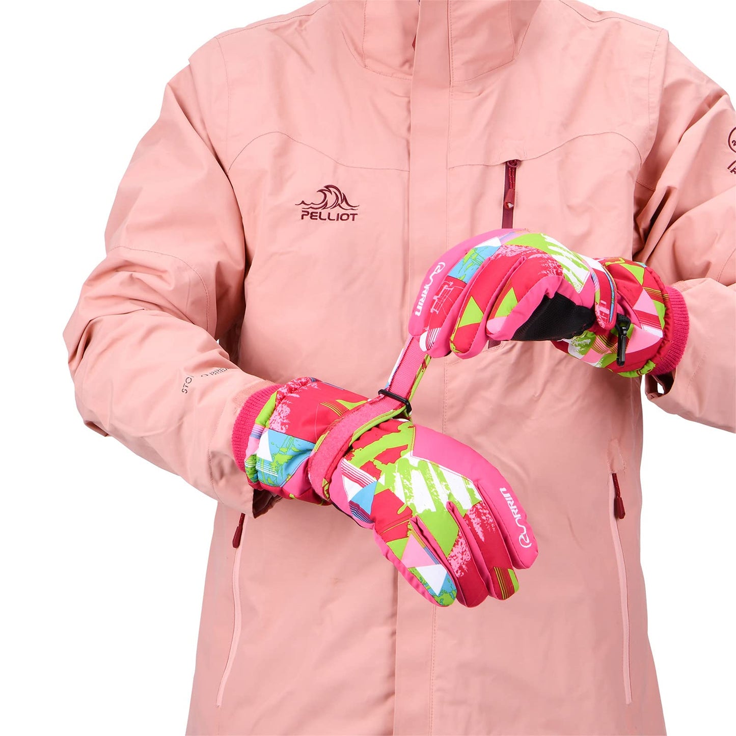 RunRRIn Ski Gloves, Waterproof Snow Gloves -30℉ Winter Gloves for Cold Weather, Warm Snowboarding Gloves - for Men, Women, Kids, Boys and Girls (Rose Red Green XS)
