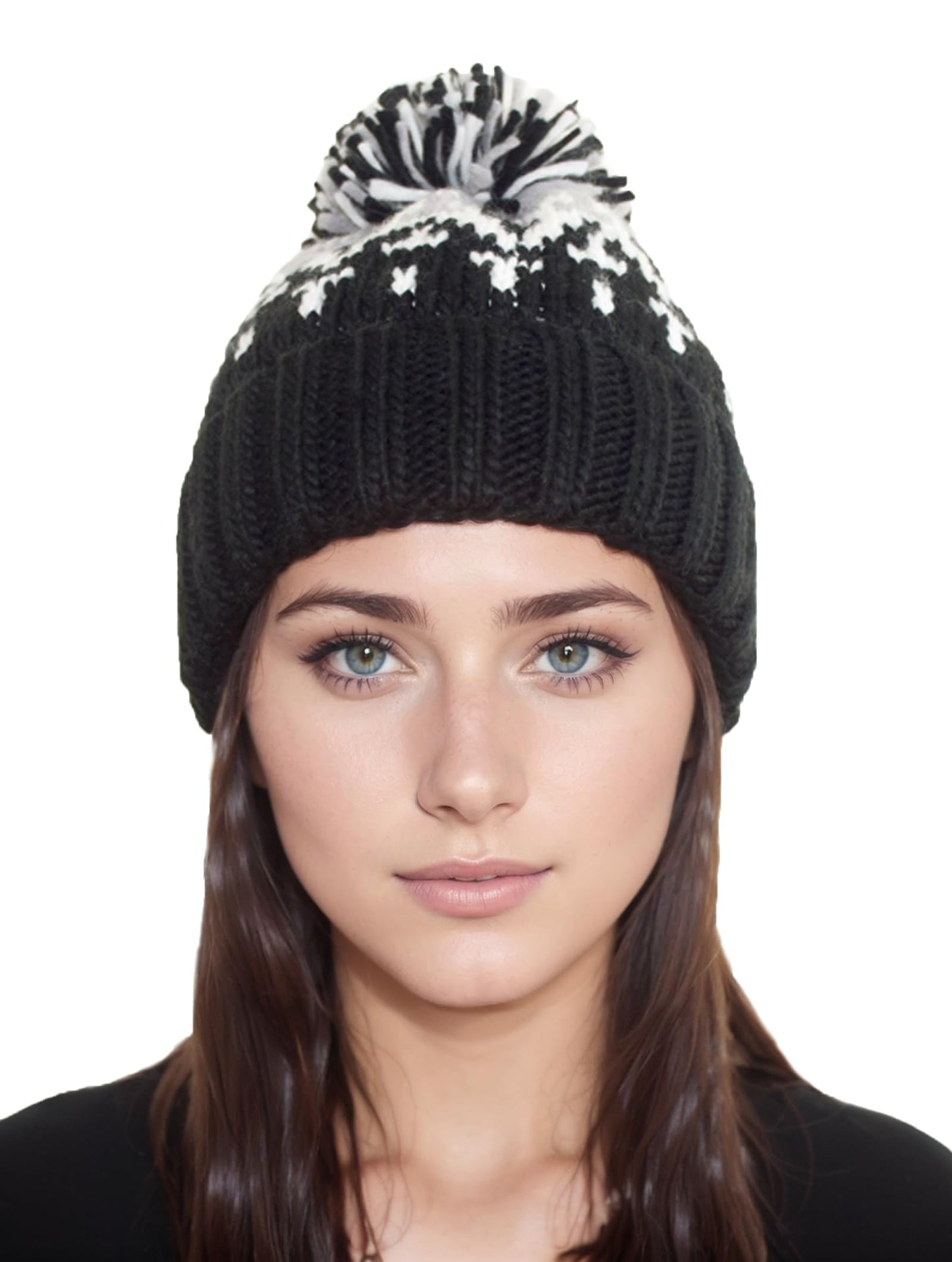 AICHUAN Winter Knit Beanie Hat with Pom Pom Vintage Woolen Warm Hat for Women Soft Stretch Ski Cap Black
