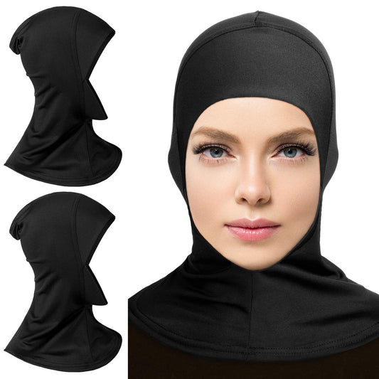 2 Pieces Modal Hijab Cap Adjustable Muslim Stretchy Turban Full Cover Shawl Cap Full Neck Coverage for Lady (Black)