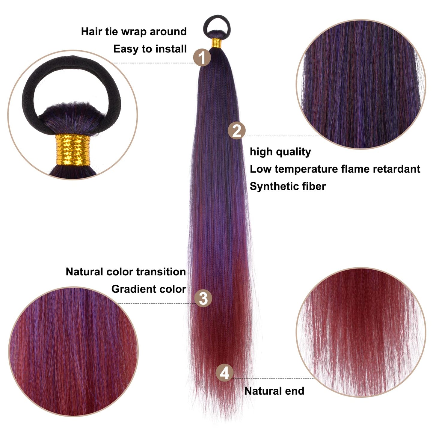 Braided Ponytail Extension with Hair Tie Purple Gradient Straight Wrap Around Hair Braid Extensions Ponytail Natural Soft Synthetic Hair Piece for Women Daily Wear (Black/Purple/Bug#)