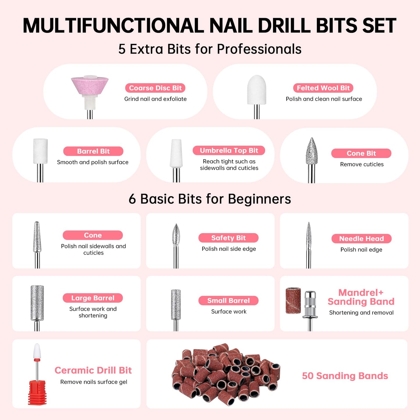 CHRISTINE SHELLY Rechargeable 35000RPM Nail Drill Sparkling Portable Professional Electric Nail File for Acrylic/Gel Nails Professional Nail Tools for Manicure Pedicure, Pink
