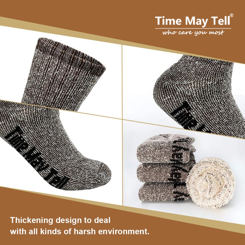 Time May Tell Mens Merino Wool Hiking Cushion Socks Thermal Warm Crew Winter Boot Socks Pack (2Brown,Light Grey,Dark Grey(4 pairs),US Size 9~13)