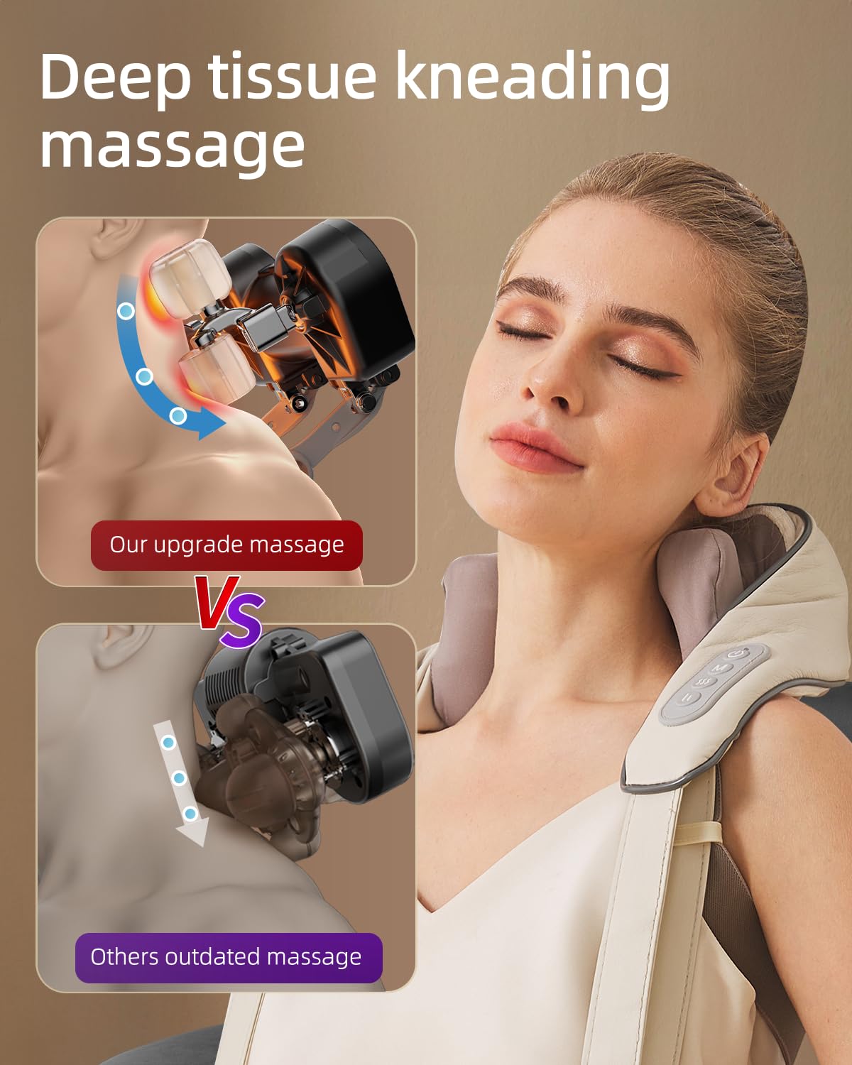 PERLEVI Neck Massager for Pain Relief deep Tissue Relieves Tension Kneading Massager with Heat Improves Circulation Eases Muscle Soreness,Ideal Gifts(Beige)