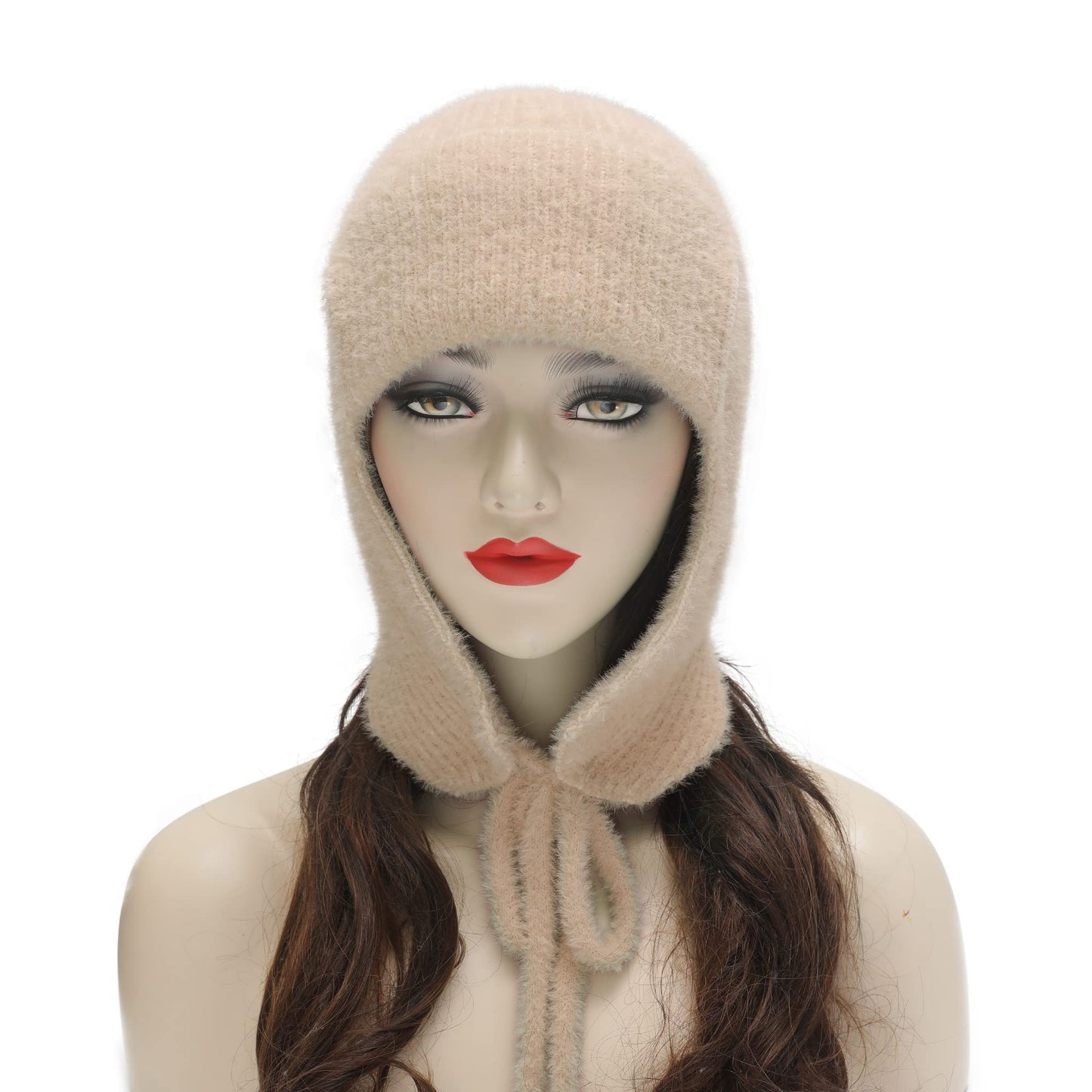 ZLYC Women Winter Knitted Earflap Beanie Hat Soft Cashmere Feel Warm Ski Skully Cap (Plain Beige)