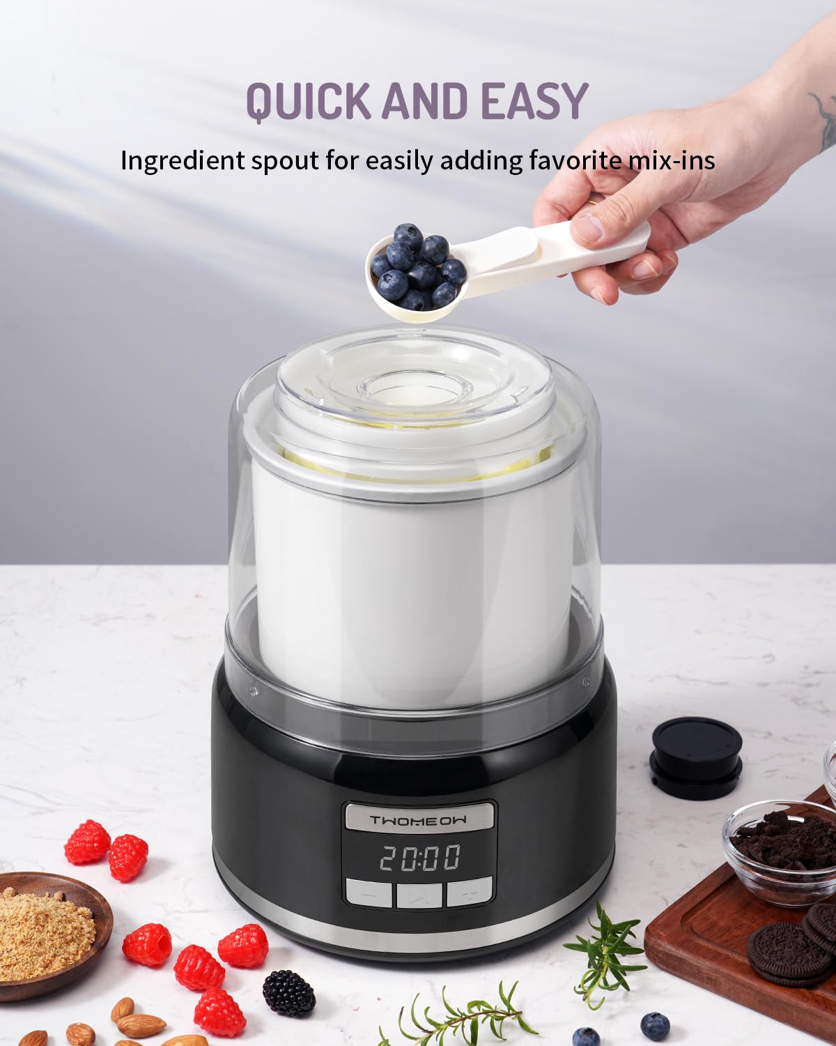 TWOMEOW Ice Cream Maker, Automatic 2 Quart Ice Cream Machine with Timer, Double Insulated Freezer Bowl Homemade Ice Cream, Frozen Yogurt, Gelato, Sorbet Maker for Home, Black