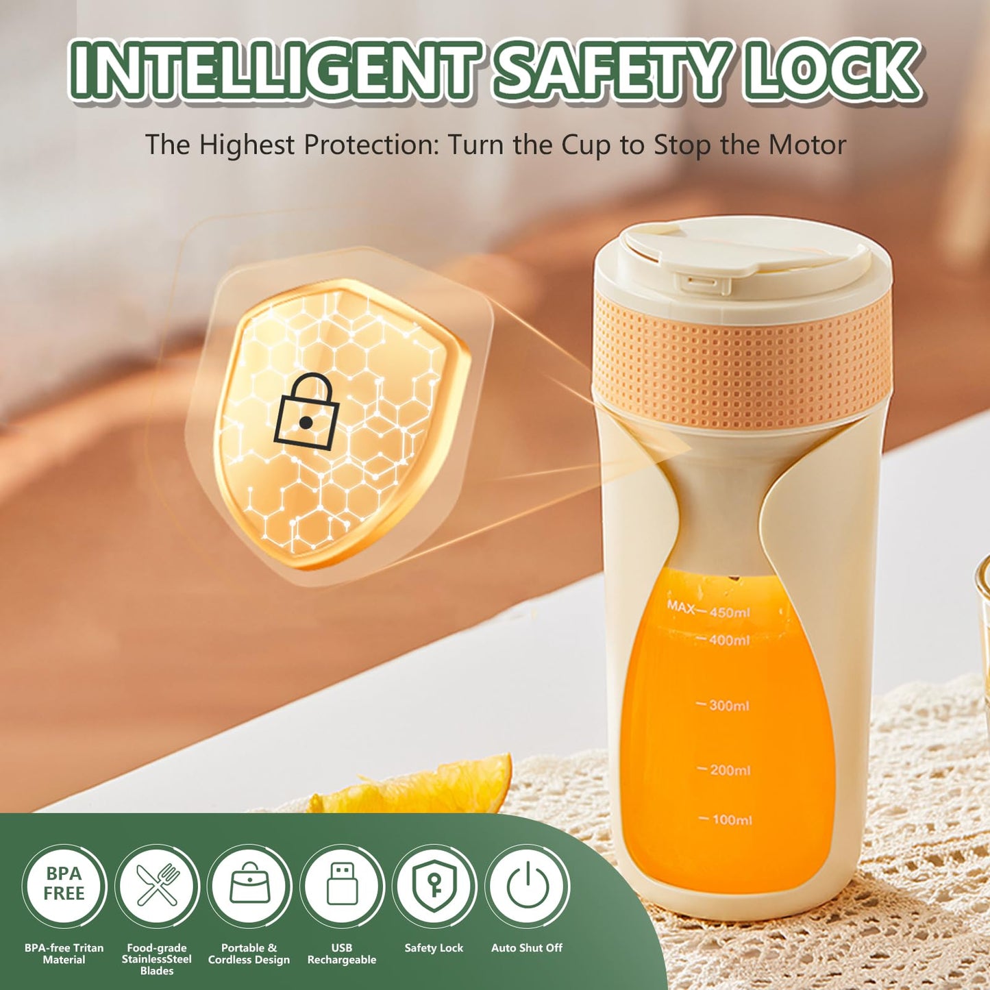 Portable Blender Cup 450ml Multi-Function Blender with Ice-Crushing,Strong Cutting Power with 6 Blades, BPA Free, USB-C Rechargeable,Fruit Veggie Juicer Cup for Home, Sport, Office