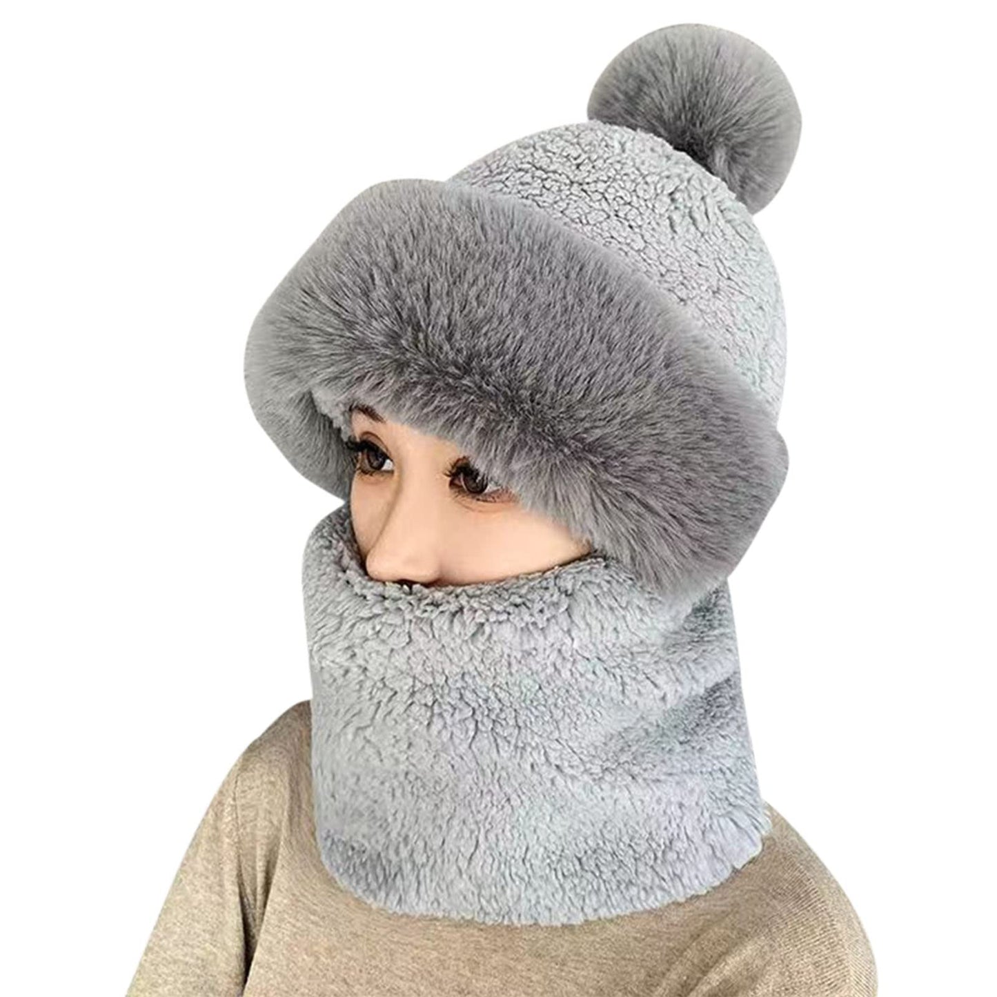 SUKIYAKI Womens Winter Fleece Warm Hat with Faux Fur Pom Cycling Windproof Scarf Hat Ski Cap, Scarf Hat Mask Integrated Hat (Gray)