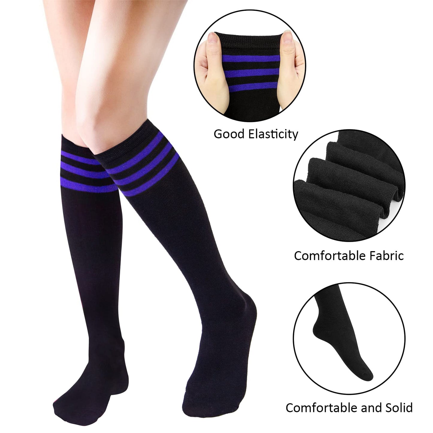 Women's 4 Pairs Knee High Casual Solid Knit Socks, Black Stripe(4 Pairs)