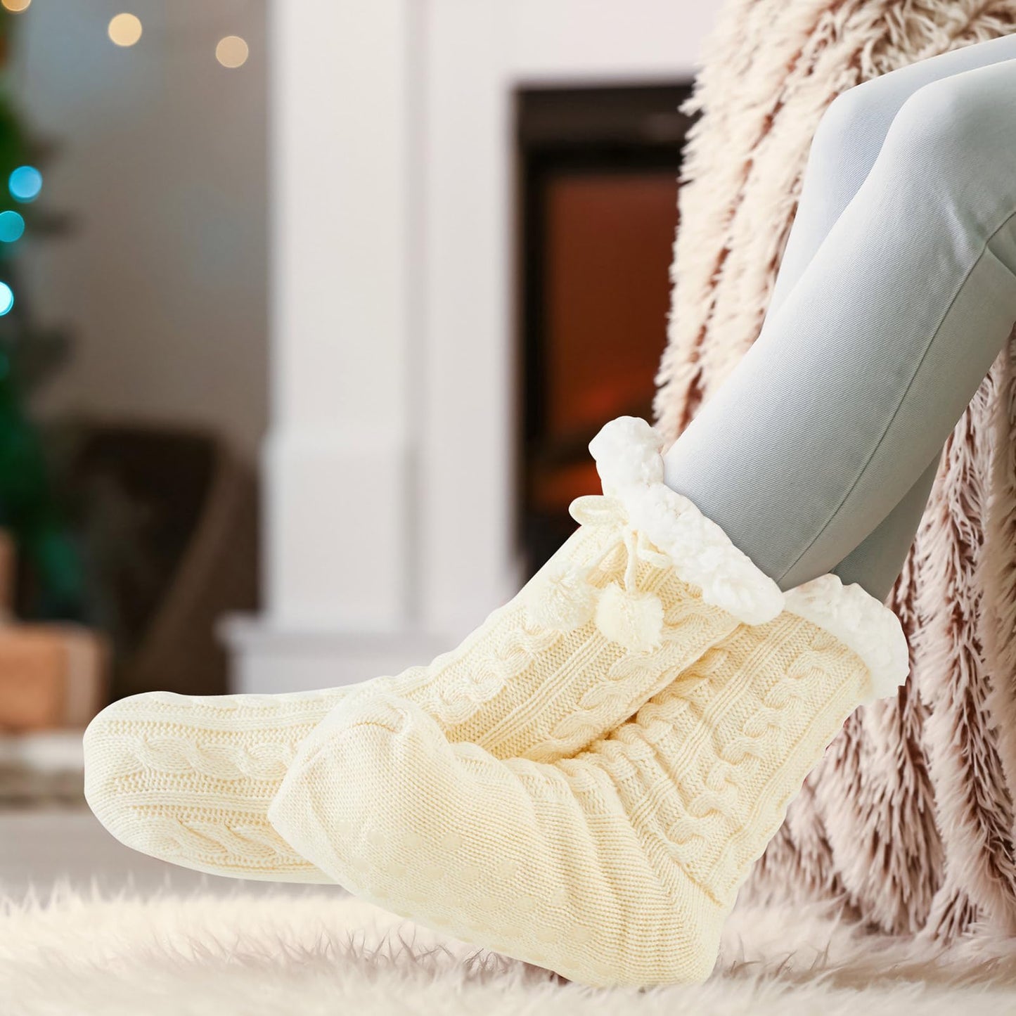 Foaincore 3 Pair Kids Slipper Socks with Gift Bag Girls Boys Fuzzy Socks Non Slip Winter Fluffy Socks Warm Socks with Grips(Warm Color,8-12 Years Old)