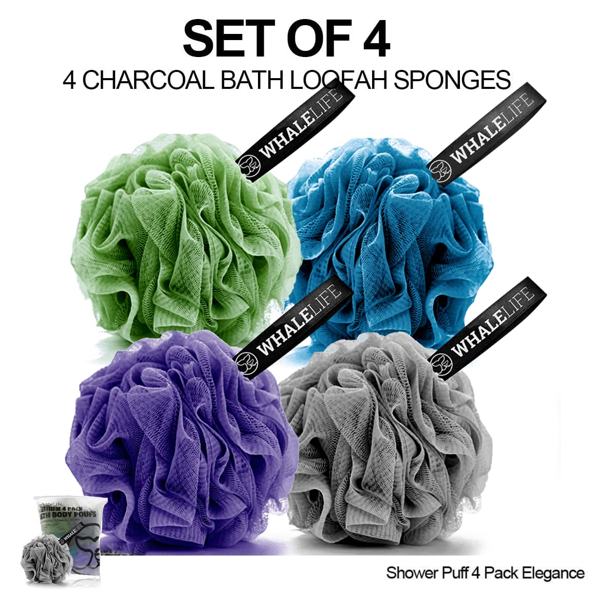 Loofah Sponge Bath Sponge for Women Men 4 Pack (Gray Blue Green Purple)