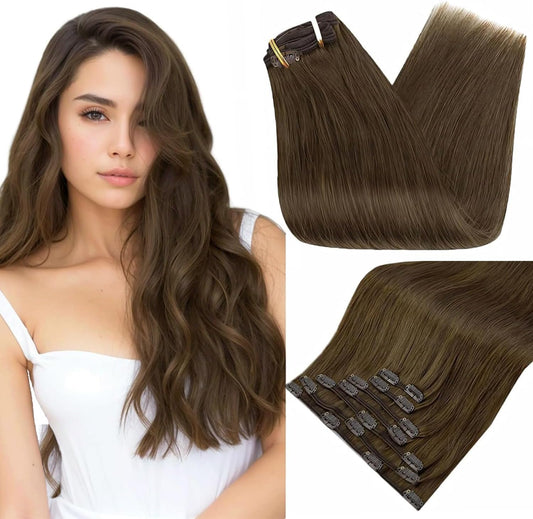 Full Shine Clip in Hair Extensions Real Human Hair Brown Hair Extensions Clip ins Triple Weft Clip in Extensions Light Brown Straight Remy Hair for Women 12 Inch 7 Pcs 95 G