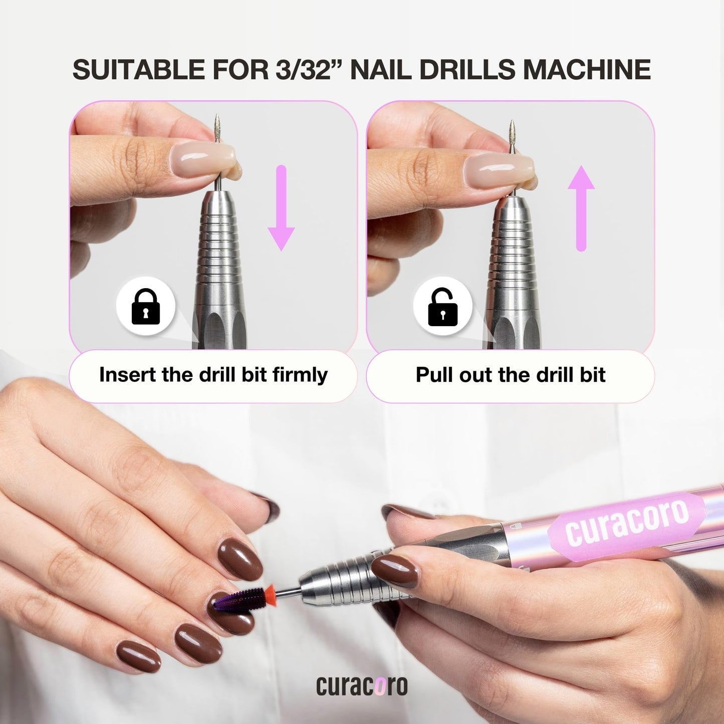 Curacoro Nail Drill Bits 3/32'' - Safe Smooth Stop Large Barrel Carbide Bit (Fine), Gently Bits for Removal & Nail Enhancement, for Nail Beds, Nail Art Pedicure Manicure Salon & Home