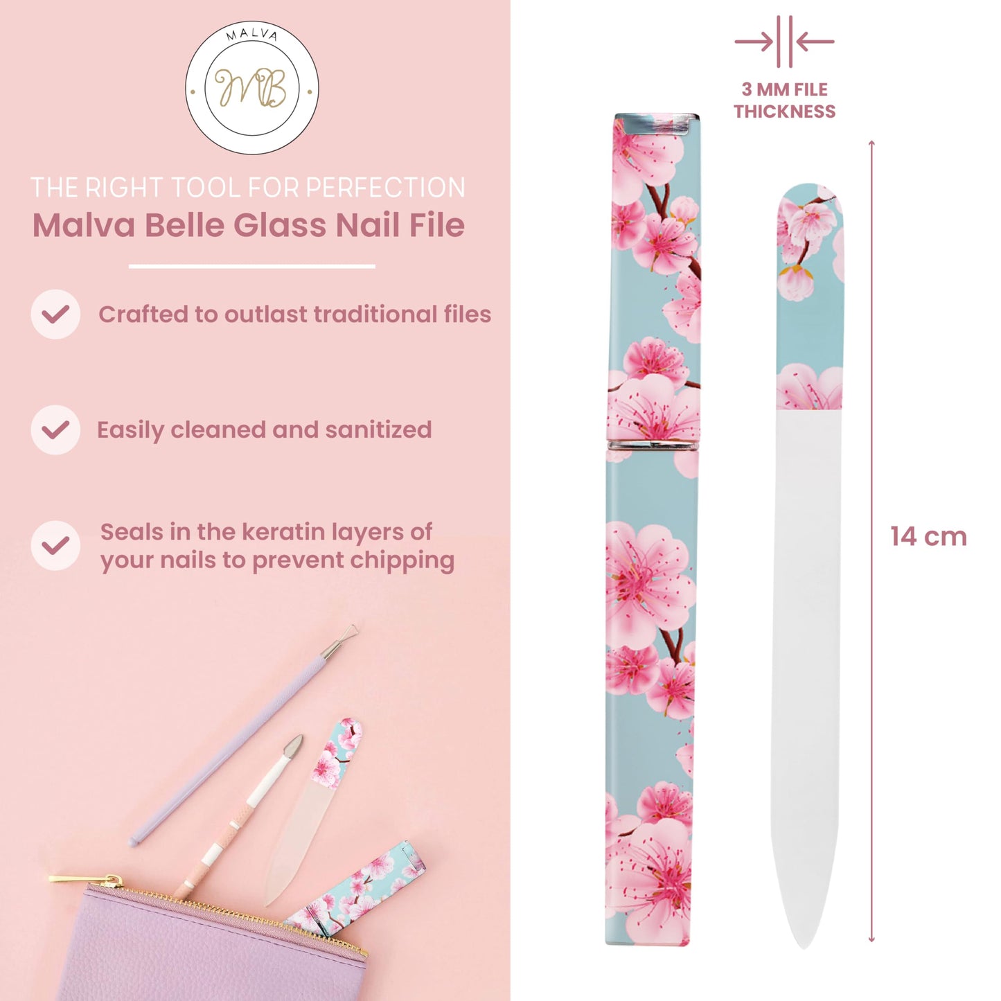 Best Crystal Glass Nail File for Women - Nail File & Travel Case - Nail File Set for Women - Heavy Duty Nail File for Natural Nails, Gel - Professional Nail Shaper - Blossom 3mm