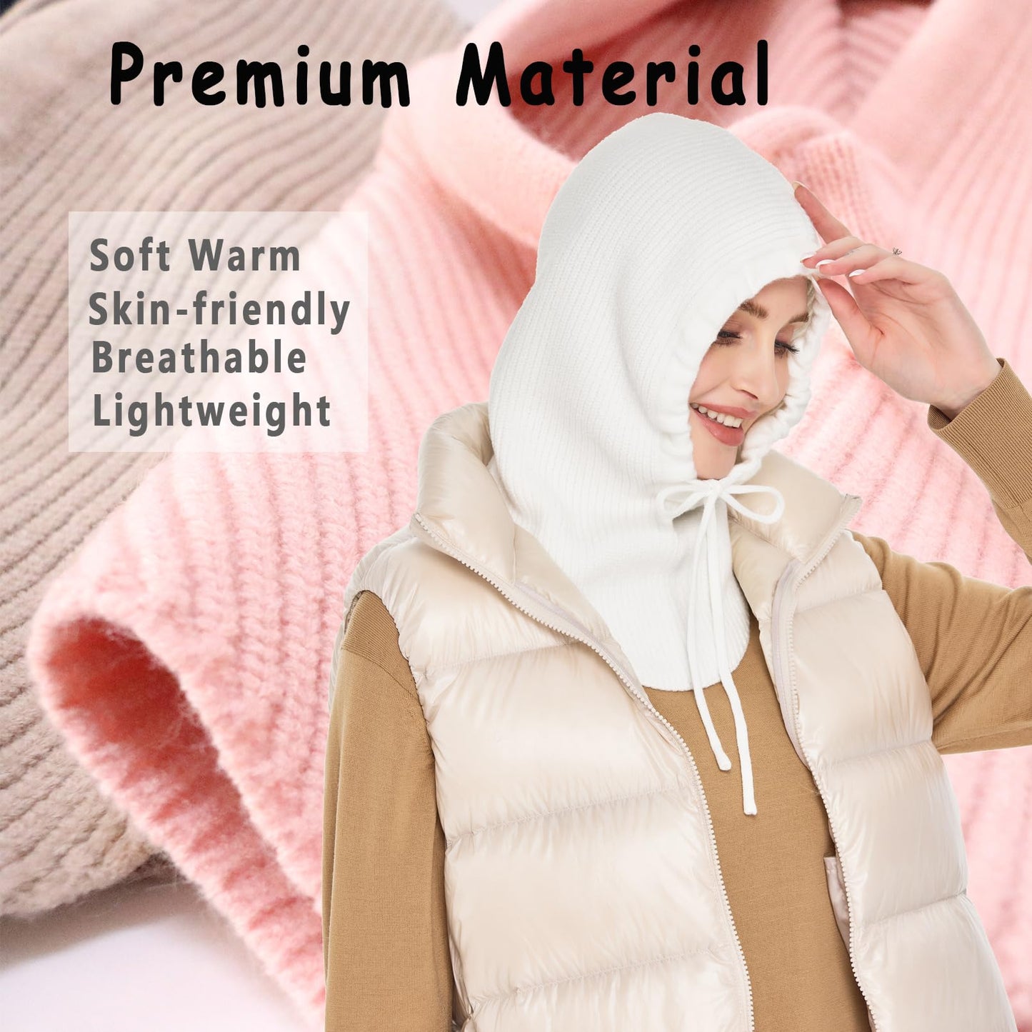 Timoise Knit Winter Hats for Women Balaclava Warm Hooded Scarf for Men and Women Beanie Hat Skull Cap (White)