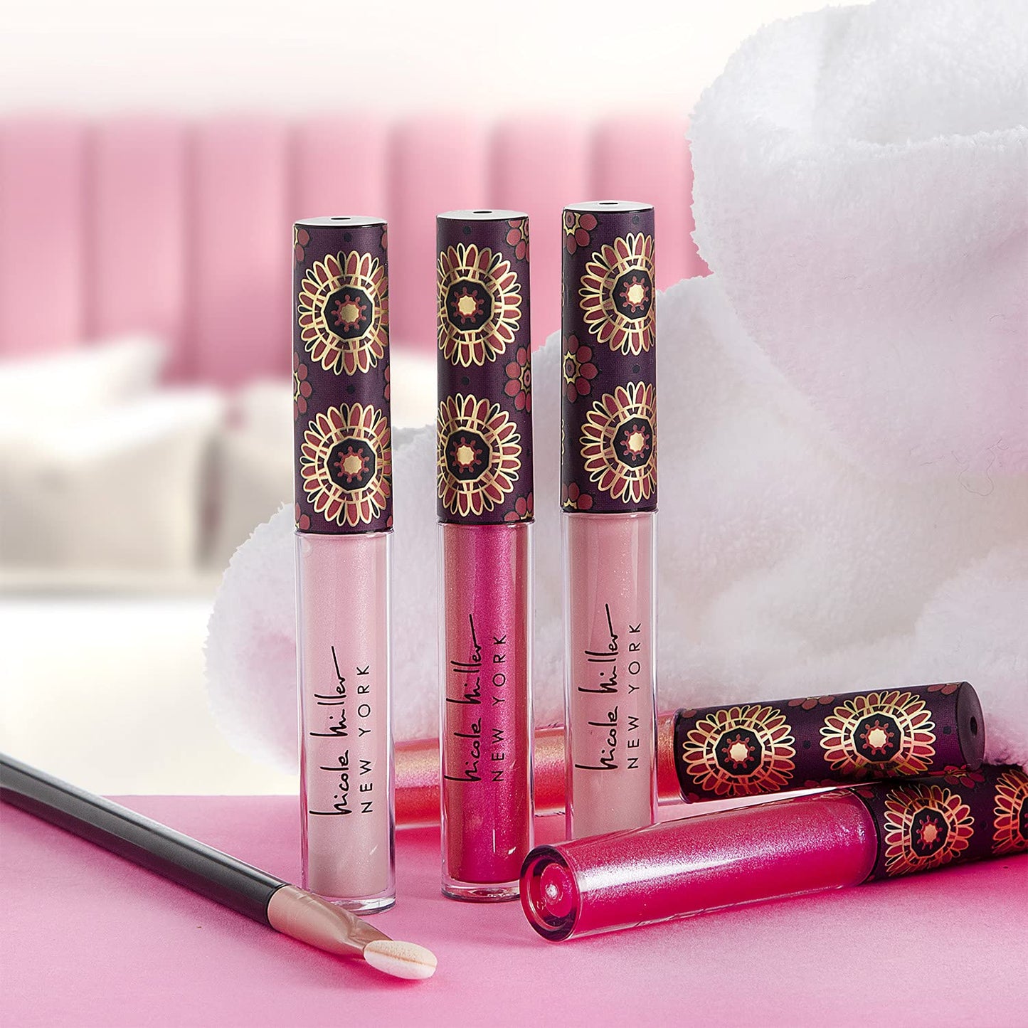 Nicole Miller Lip Gloss Collection Shimmery Glosses for Women and Girls Long Lasting Color Set with Rich Varied Colors, Pink Shimmer, 10 Count (Pack of 1)