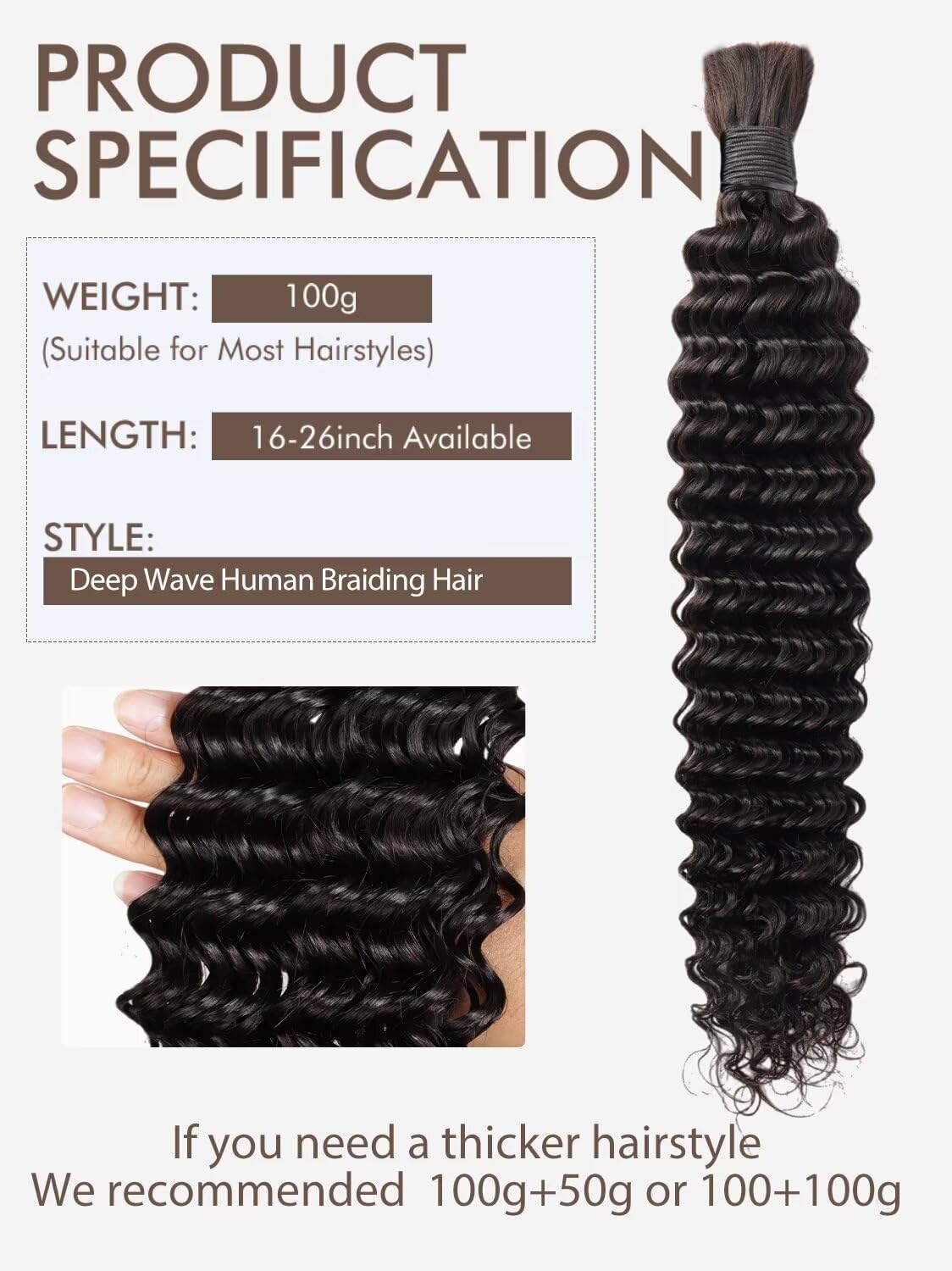 Human Braiding Hair 100g 26 Inch Deep Water Wave Bulk Human Hair for Braiding No Weft 12A Brazilian Virgin Curly Human Hair Extensions for Boho Braids Wet and Wavy Natural Human Hair Braiding Hair