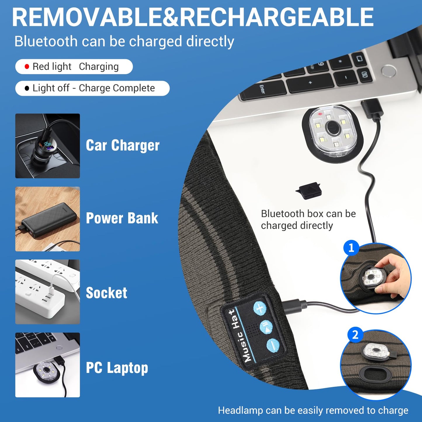 Rotibox Bluetooth Beanie with Light, Hat Wireless Headphone for Outdoor Sports Xmas Gifts Stocking Stuffers for Men, Women, Teens-Black/Gray