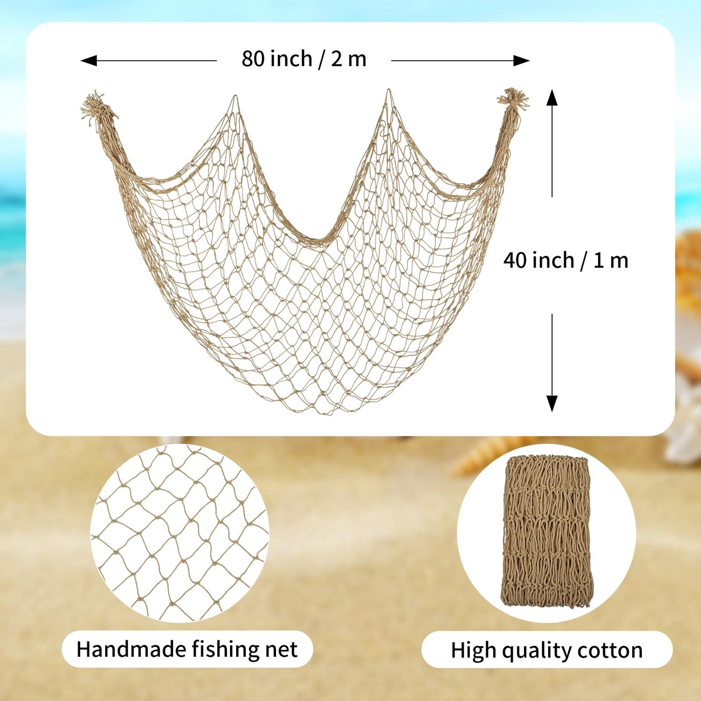 Decorative Fishing Net 80x40 Inch,YuanDe 2 Pack Large Caramel Picture Fish Net, Wall Photo Hanging Fishnet for Nautical Mermaid Pirate Ocean Themed Hawaii Beach Under The Sea Party Decorations