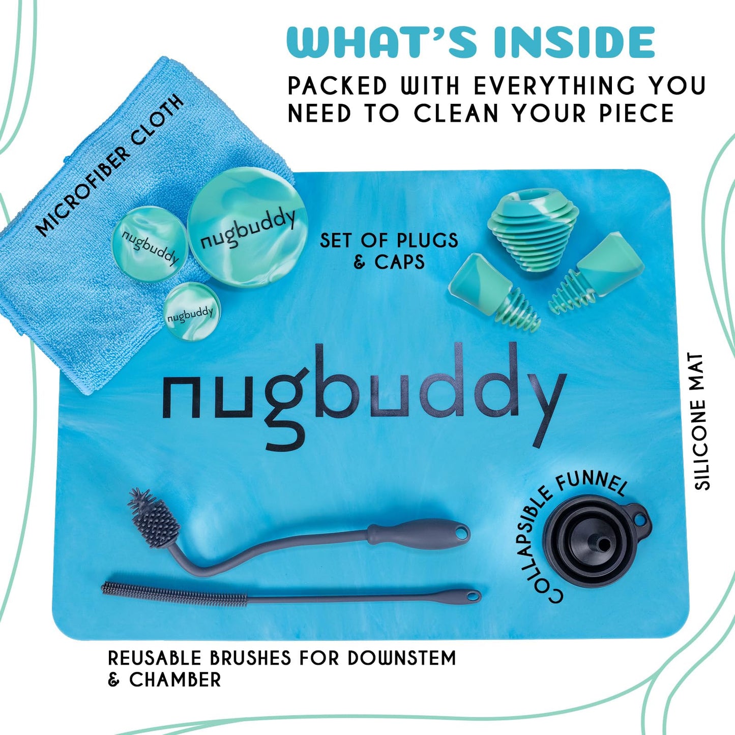 nugbuddy Glass Cleaning Kit - Reusable Silicone Accessories - Complete Kit to Clean your Piece, Just Add Cleaner - Reusable Soaker Bag, Brushes, Mat, Caps & Plugs, Funnel, & Microfiber Towel