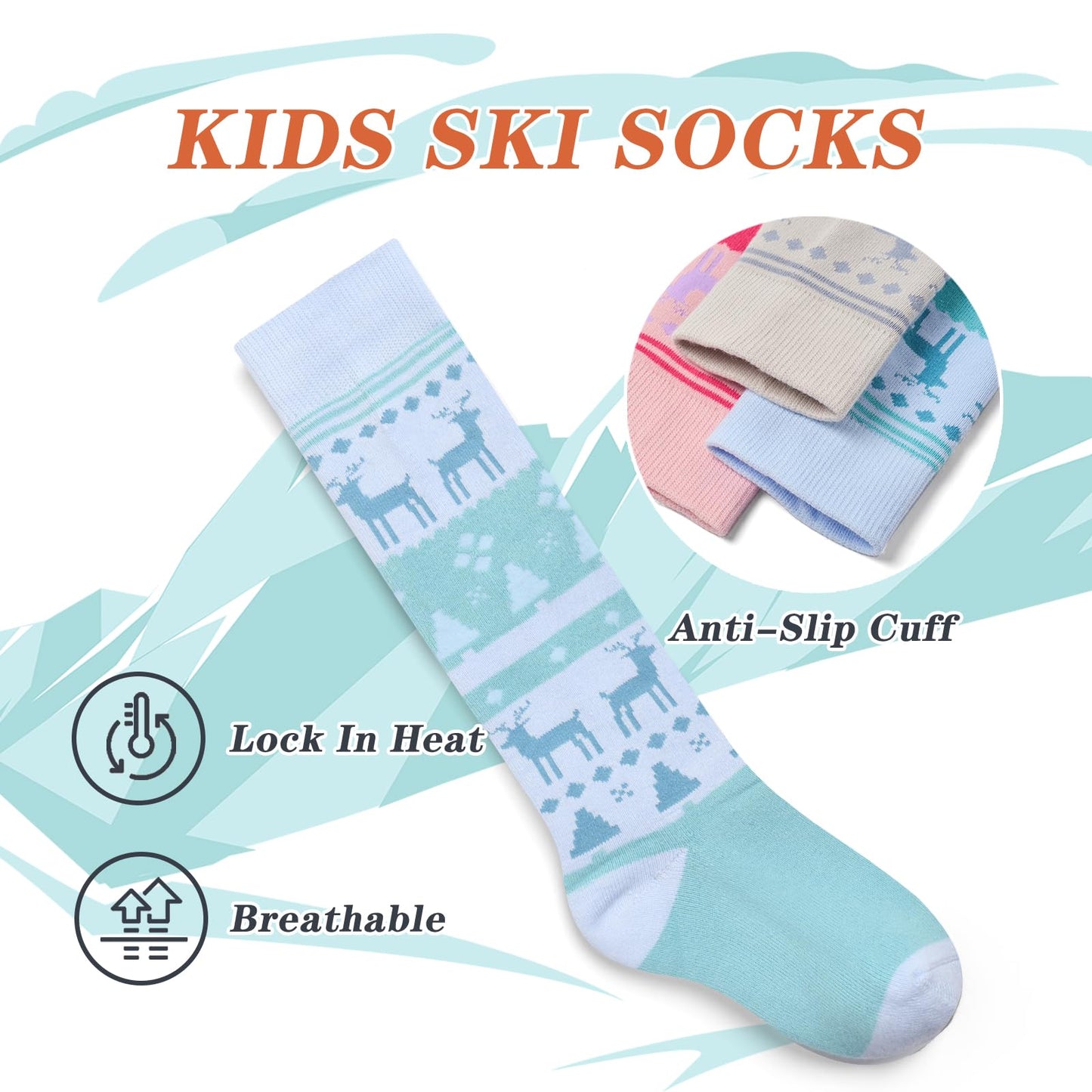 Qterdiz Ski Socks Kids Girls Winter Warm Snowboarding Socks for Boys Girls Thick Thermal Skating Socks 3 Pack Christmas Deers 8-10 Years