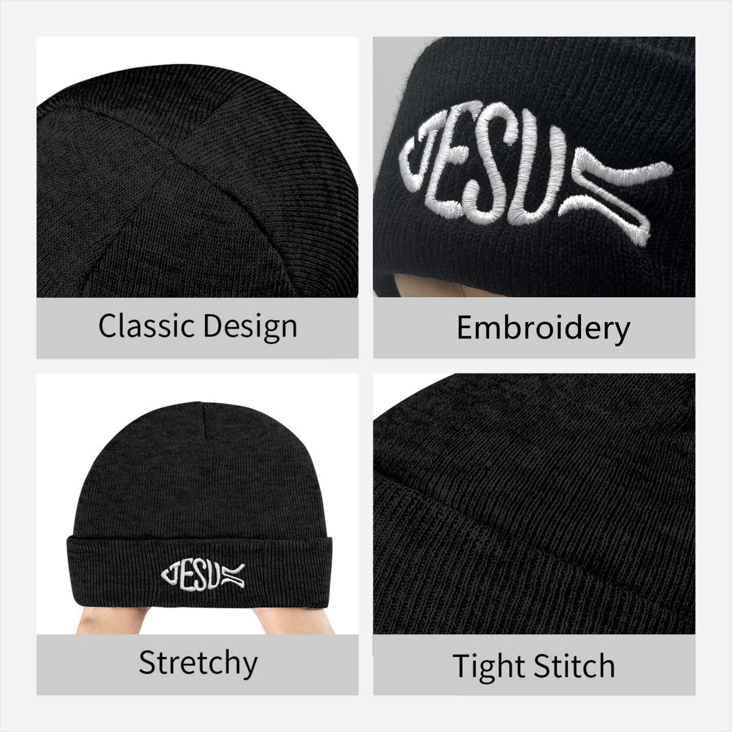 LUADSN Jesus Beanie Hat for Men Women Embroidered Knit Beanie Hat Skull Cap Slouchy Winter Hat