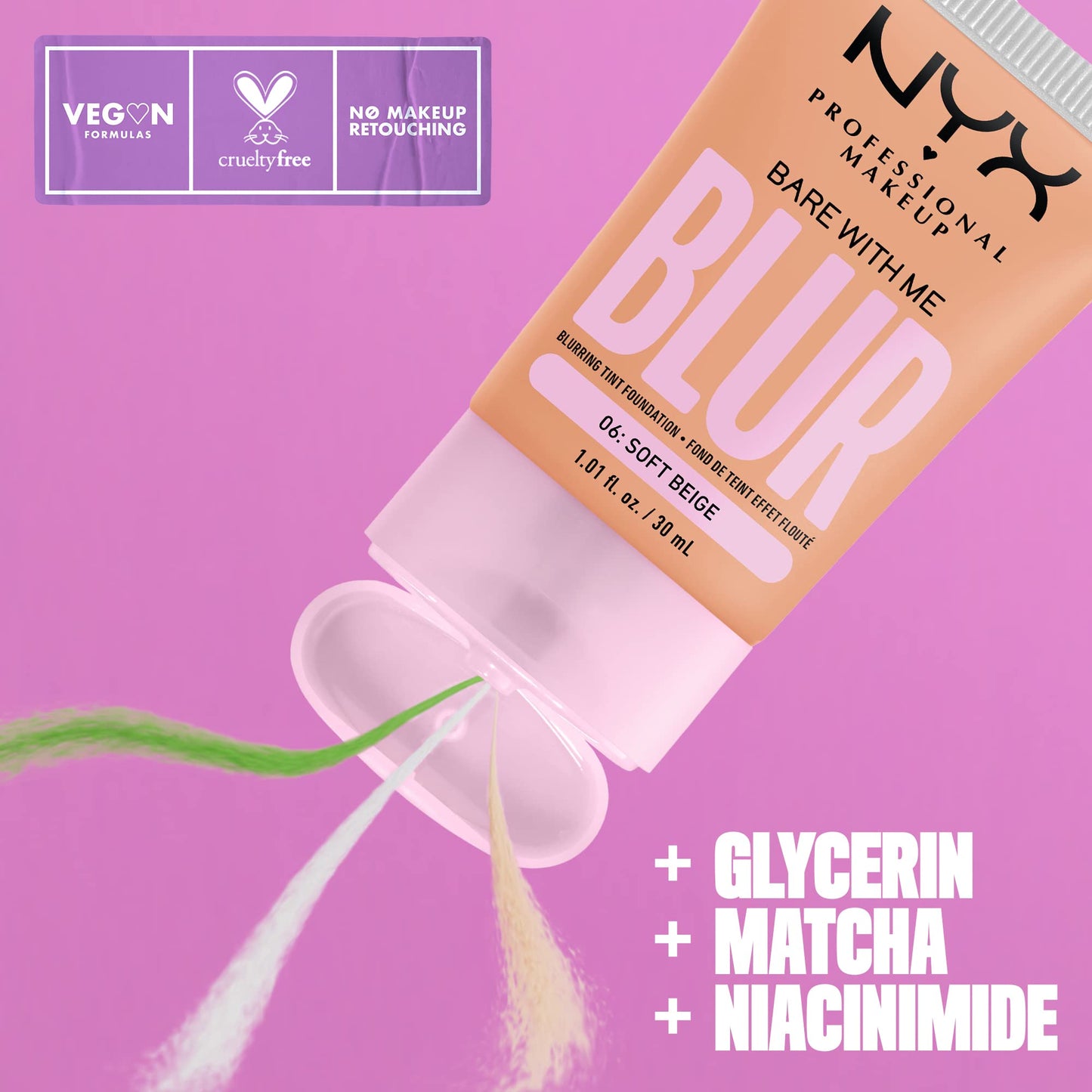 NYX PROFESSIONAL MAKEUP Bare With Me Blur Skin Tint Foundation Make Up with Matcha, Glycerin & Niacinamide - Soft Beige