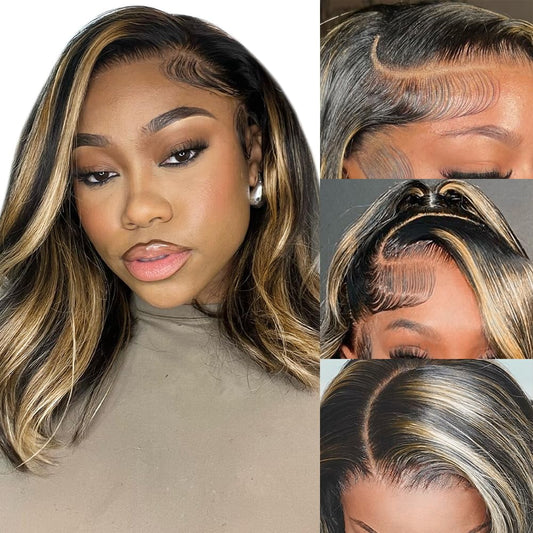 MUGOHK Highlight Lace Front Wig Human Hair 10 Inch Balayage Body Wave Bob 13x4 HD Lace Closure Wigs Pre Plucked with Baby Hair #1b27 Short Black and Blonde Ombre Human Hair Wig 150 Density for Women