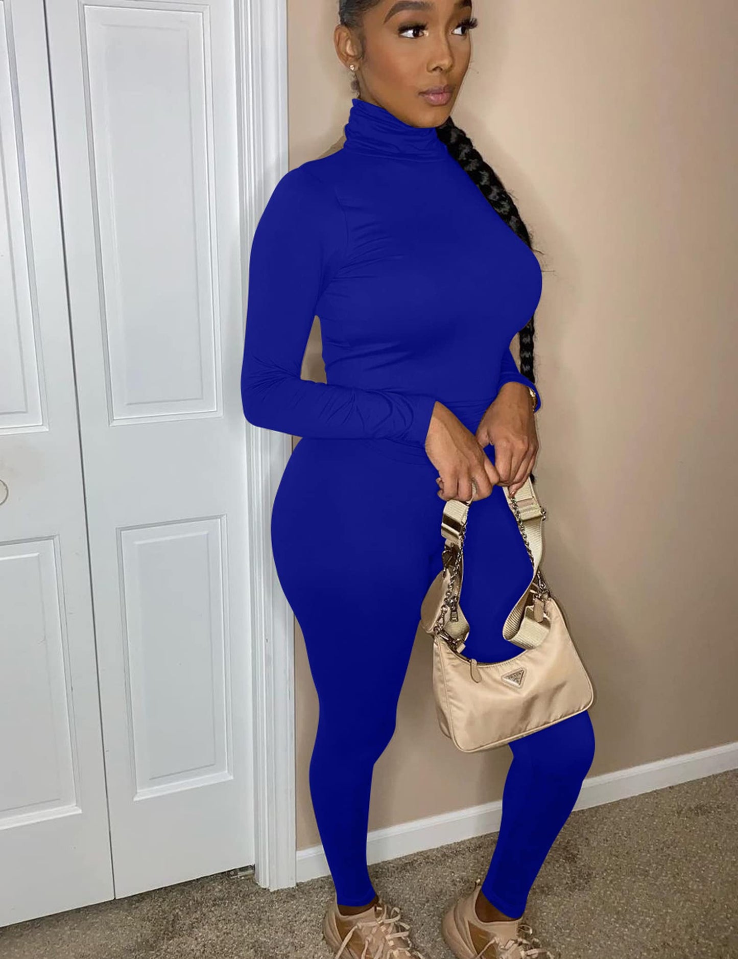 Mokoru Women's Tracksuit 2 Piece Outfits Turtleneck Long Sleeve Shirt Workout Jogger Legging Pants Set, Small, Royal Blue