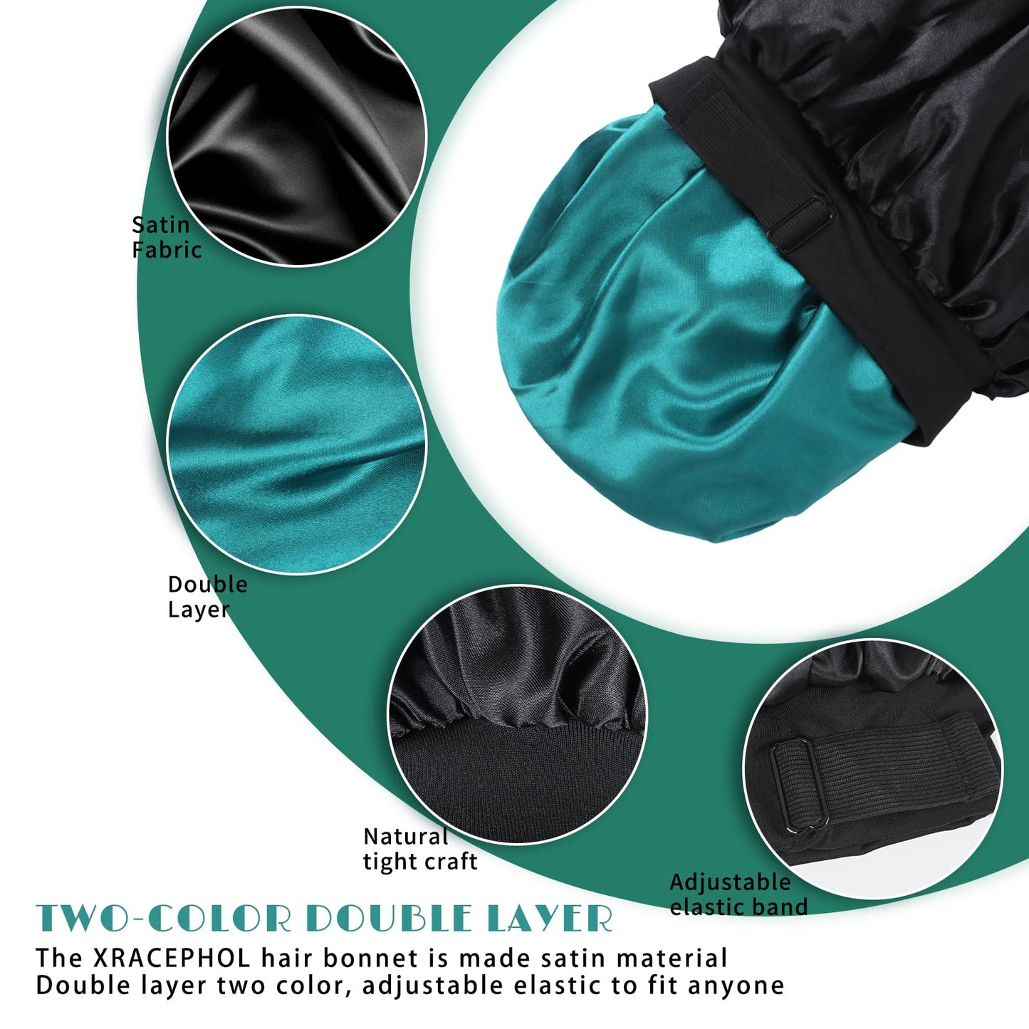 Silk Bonnet for Sleeping Double Layer Satin Bonnet Adjustable Bonnets for Black Women Sleep Cap Reversible Hair Bonnet for Curly Hair (Black and Teal)