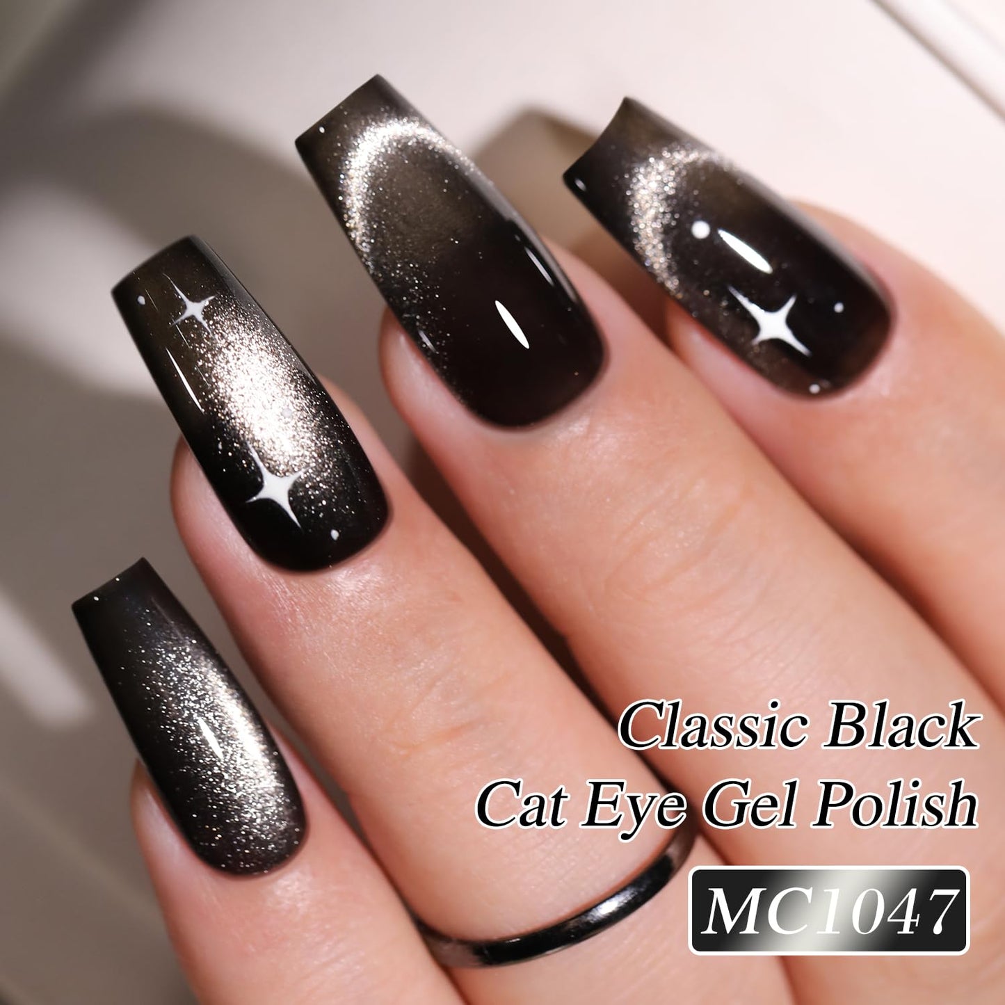 Double Rhythm 0.5 OZ Cat Eye Gel Polish with Magnet 15ML Holographic Glitter Shimmer Translucent Jelly Color Magnetic Polish Salon DIY at Home (Black-MC1047)