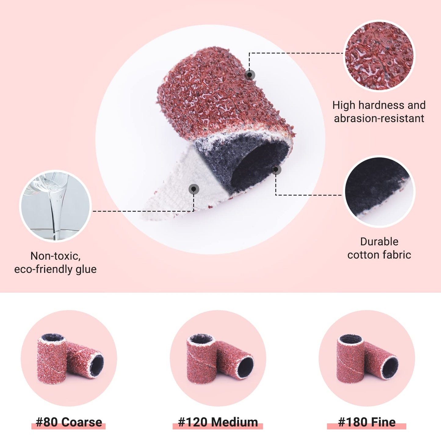 MelodySusie 300 Pcs Professional Sanding Bands Nail Drill Bits Set, 80 Coarse, 120 Medium, 180 Fine Grit EFile Sand Piece Set Mandrel Bit for Acrylic Nails Manicures and Pedicures