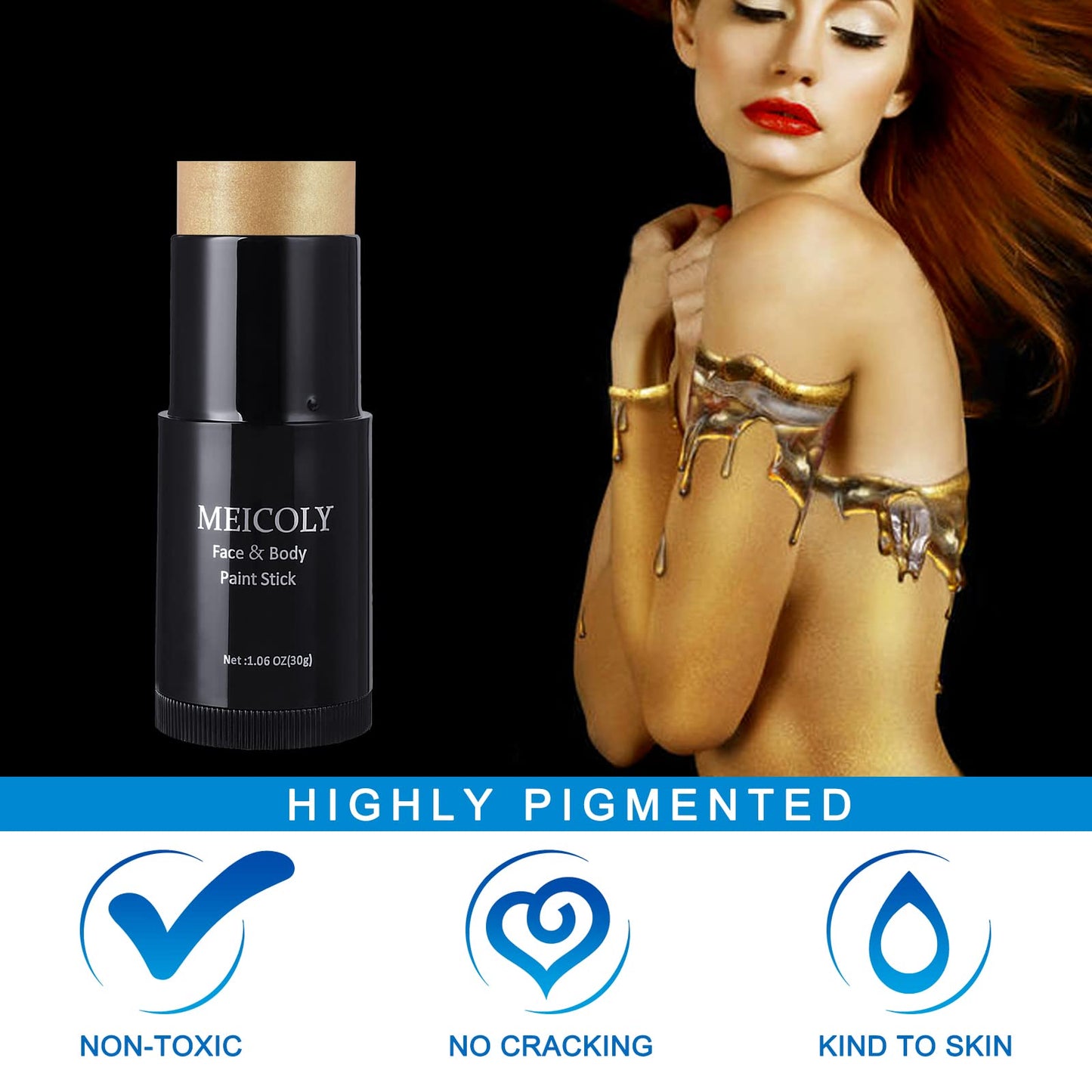 MEICOLY Gold Face Paint Stick(1.06 Oz),Cream Blendable Full Body Paint Sticks,Sweatproof Waterproof Body Paint Makeup Stick for Halloween Special Effects SFX Cosplay,Metallic Gold