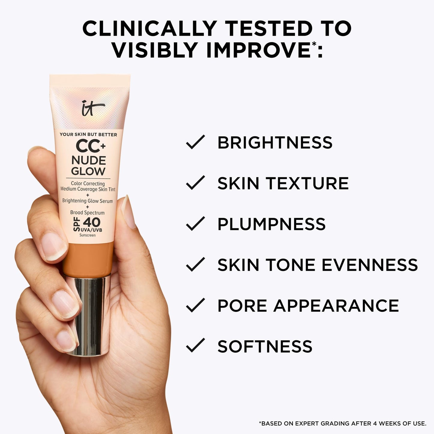IT Cosmetics CC+ Nude Glow Lightweight Foundation + Glow Serum with SPF 40 - With Niacinamide, Hyaluronic Acid & Green Tea Extract - Tan Warm - 1.08 fl oz
