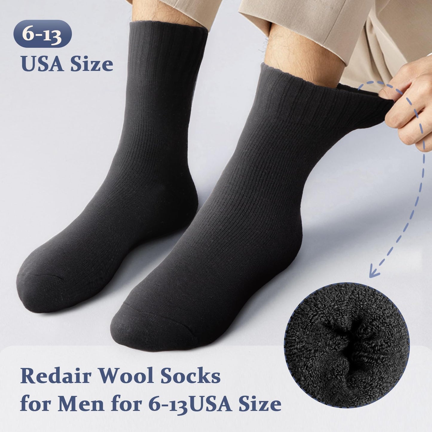 Redair Merino Wool Socks Mens, 3 Pairs of Heavyweight Thermal Running Socks for Winter, Thermal Warm Boot Socks for Outdoor indoor, Moisture Wicking Soft Crew Socks fit Sizes 6-13