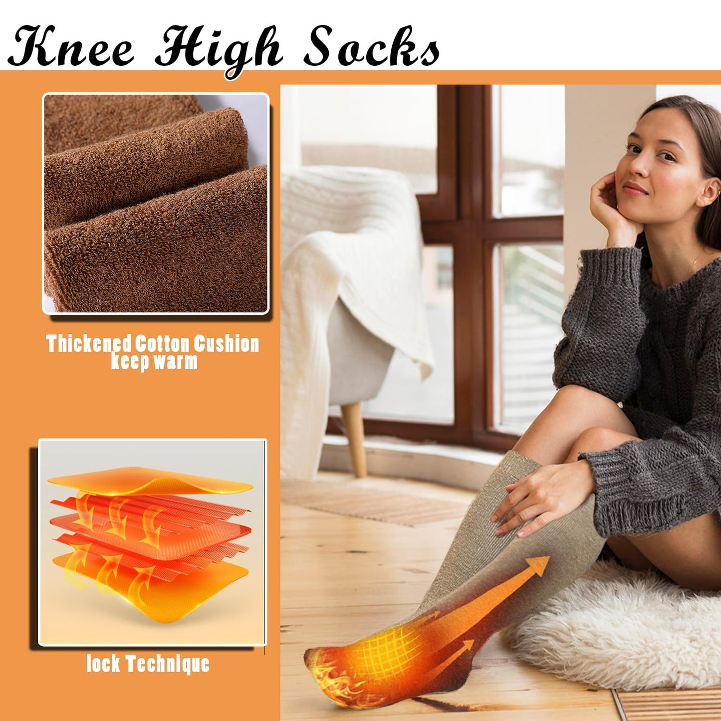 MIREAZW Warm Knee High Socks for Women,4 Pairs Cotton Thermal Socks for Skiing Hiking Gifts Boot Socks for Winter Mixed color01