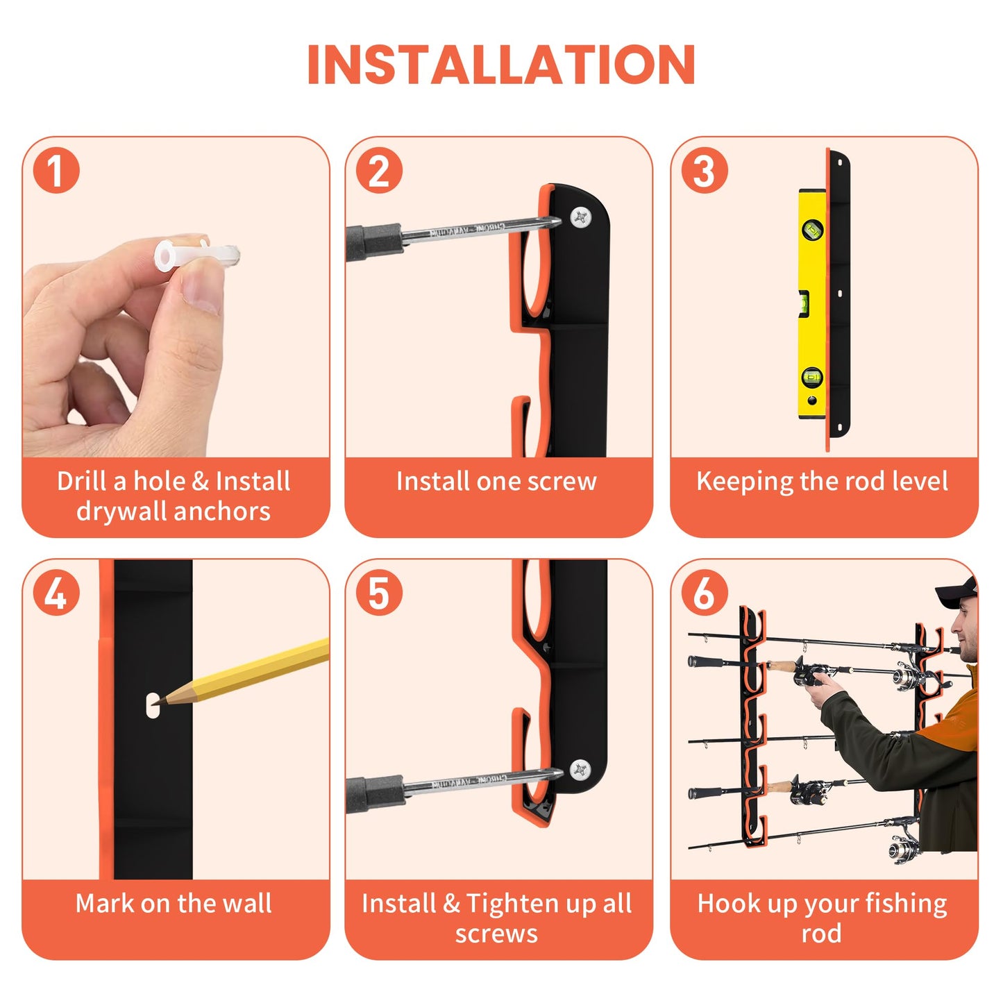 Fishing Rod Holder for Garage, H5 Wall or Ceiling Mounted Fishing Pole Holders with Soft Protective Pad, Fishing Rod Storage Organizer, Horizontal Fishing Rod Wall Mount Nets Storage (2 PACK)