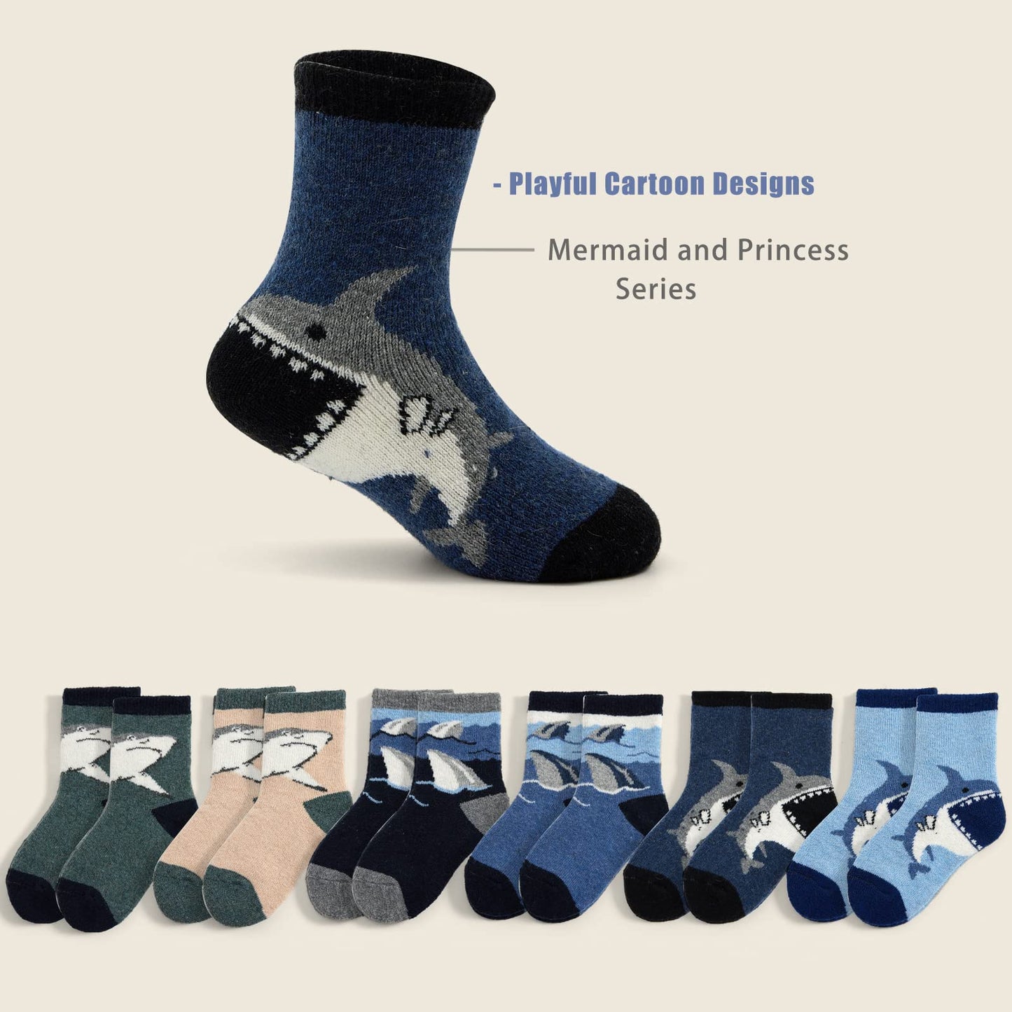 Boys Wool Socks Kids Thick Winter Socks Thermal Crew Socks for Boys 6 Pairs Big Sharks Size 6-8 Years