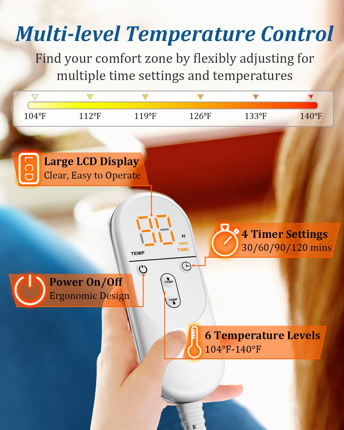 Heating Pad for Neck and Shoulders and Back, Birthday Gifts for Women Men Mom Dad Wife, Weighted Heating Pad for Back Pain Relief, Electric Heat Pad 6 Heat Settings 4 Timers Auto-Off, 22" x 37" Blue