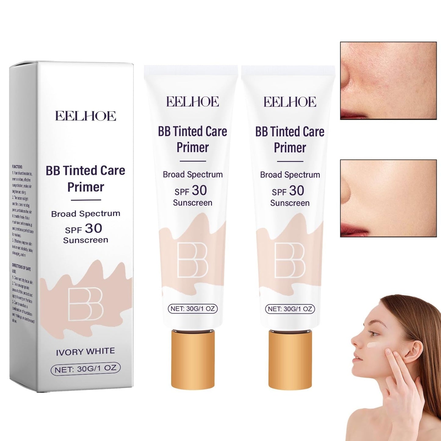2Pcs BB Blur Tinted Moisturizer SPF 30,BB Tinted Care Primer, BB Cream Tinted Moisturizer,Hydrates & Smooths Your Skin. (Ivory)