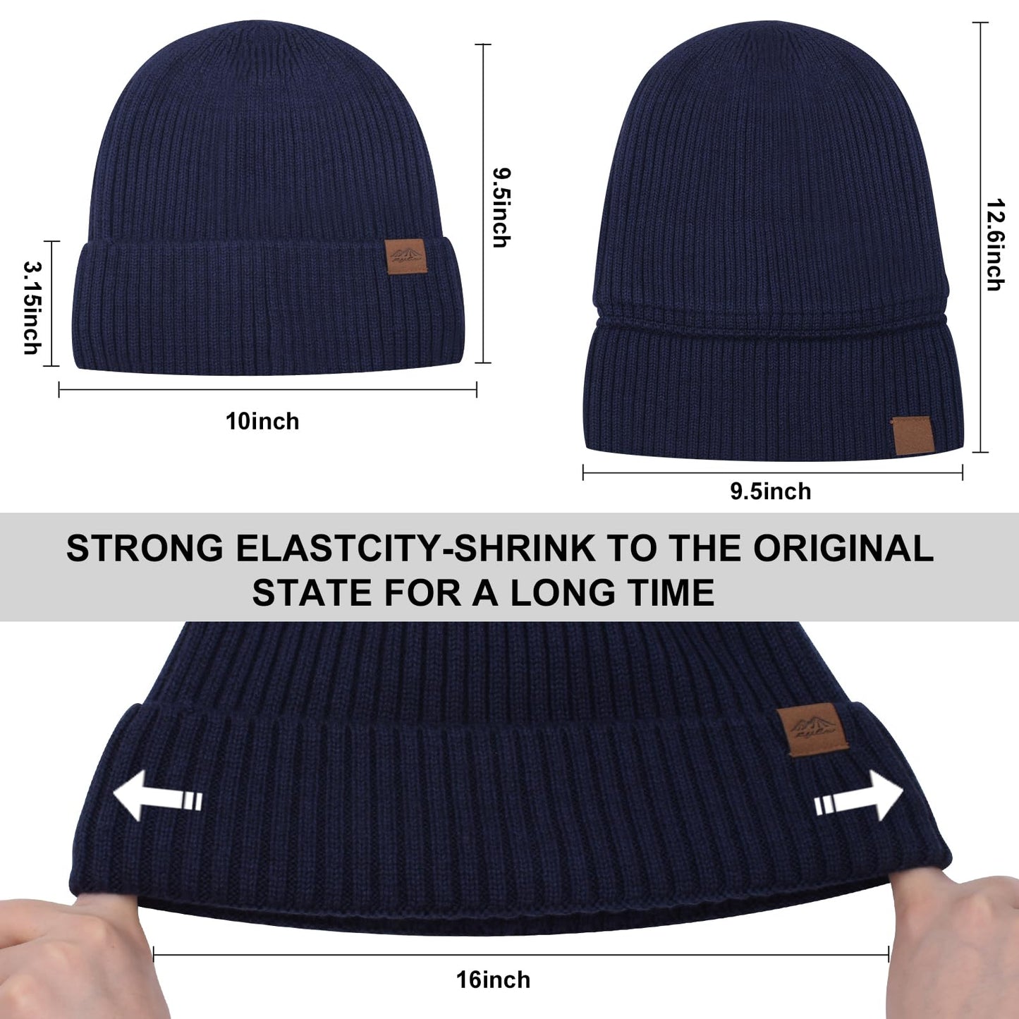 Oversize XXL Winter Beanie Hat for Men Women, Wool Warm Knit Hats Ski Cap Unisex Fashion Knit Cuffed Cap for Big Heads Navy Blue